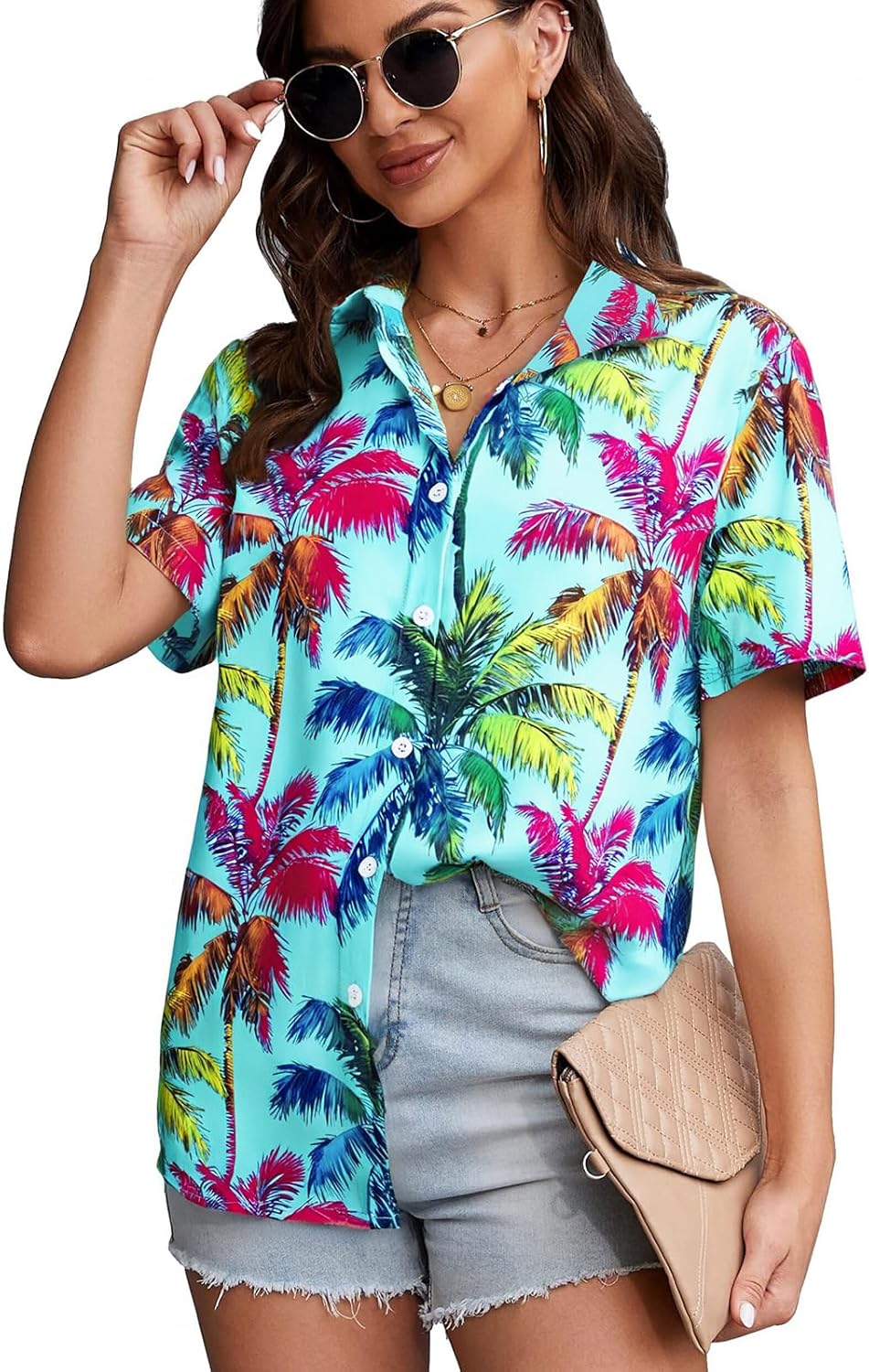 FAYALEQ Womens Summer Hawaiian Shirts Soft Cool Floral Tropical Print T-Shirt Button Down V Neck Short Sleeve Tee Tops - Image 3