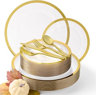 By Madee HEAVYWEIGHT Thanksgiving Disposable Dinnerware Set | Clear and Gold Plastic plates and Silverware Set + Gift of 3D Butterflies for Table Decor (150 Pcs for 25 Guests)