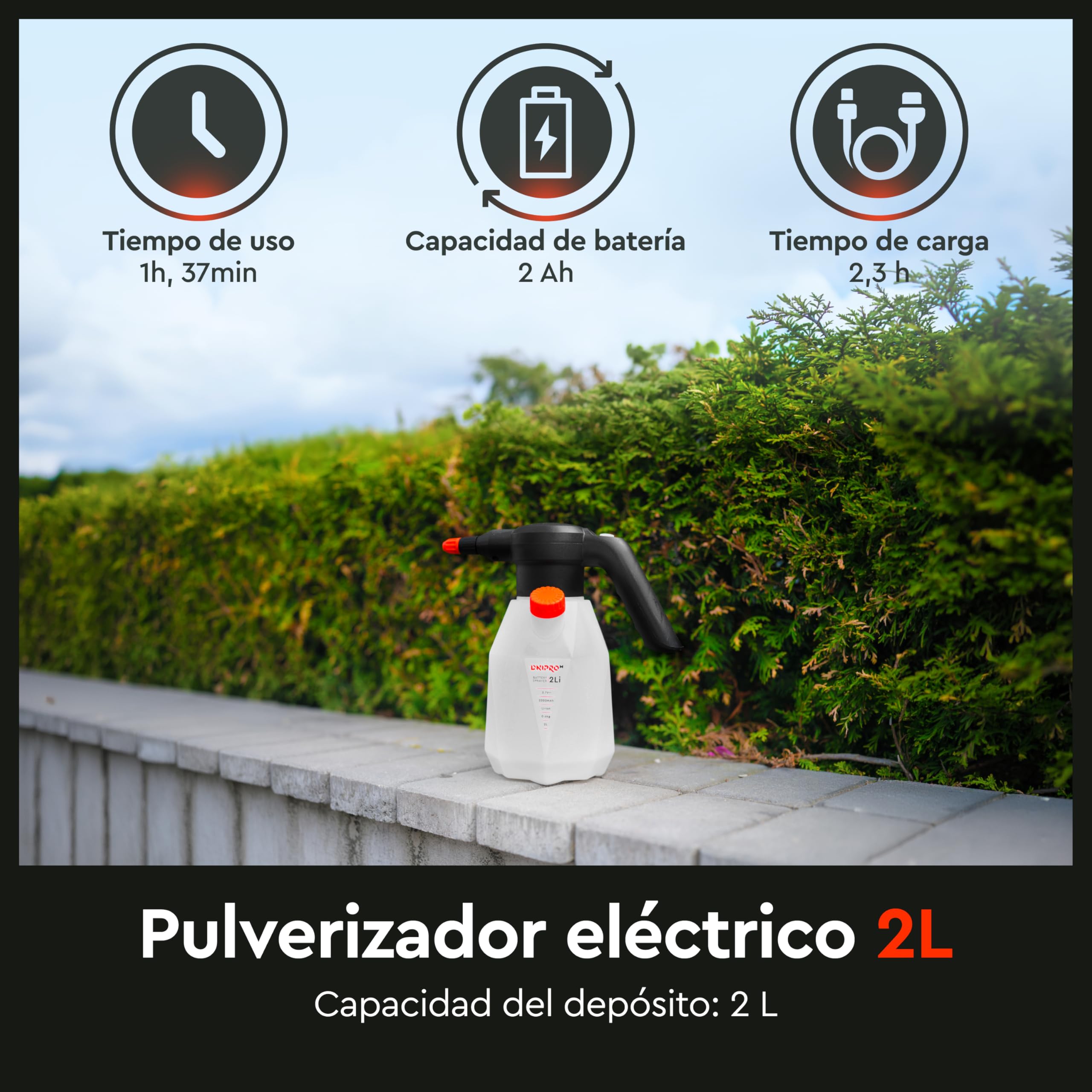 Pulverizador Eléctrico a Batería 2L, Batería Integrada Li-Ion 3,7V 2000 mAh, USB-C, Boquilla Ajustable, 2 Bar, 0,43 kg, para Plantas, Jardín, Terraza y Desinfección - 2Li