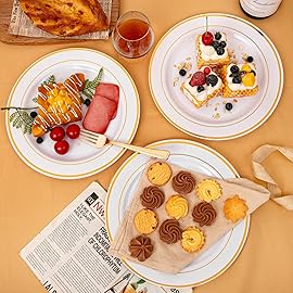 bUCLA 100Pieces Gold Plastic Dinner Plates - 10.25inch White and Gold Plates Disposable for Party - Ideal for Wedding, Party & Daily Use