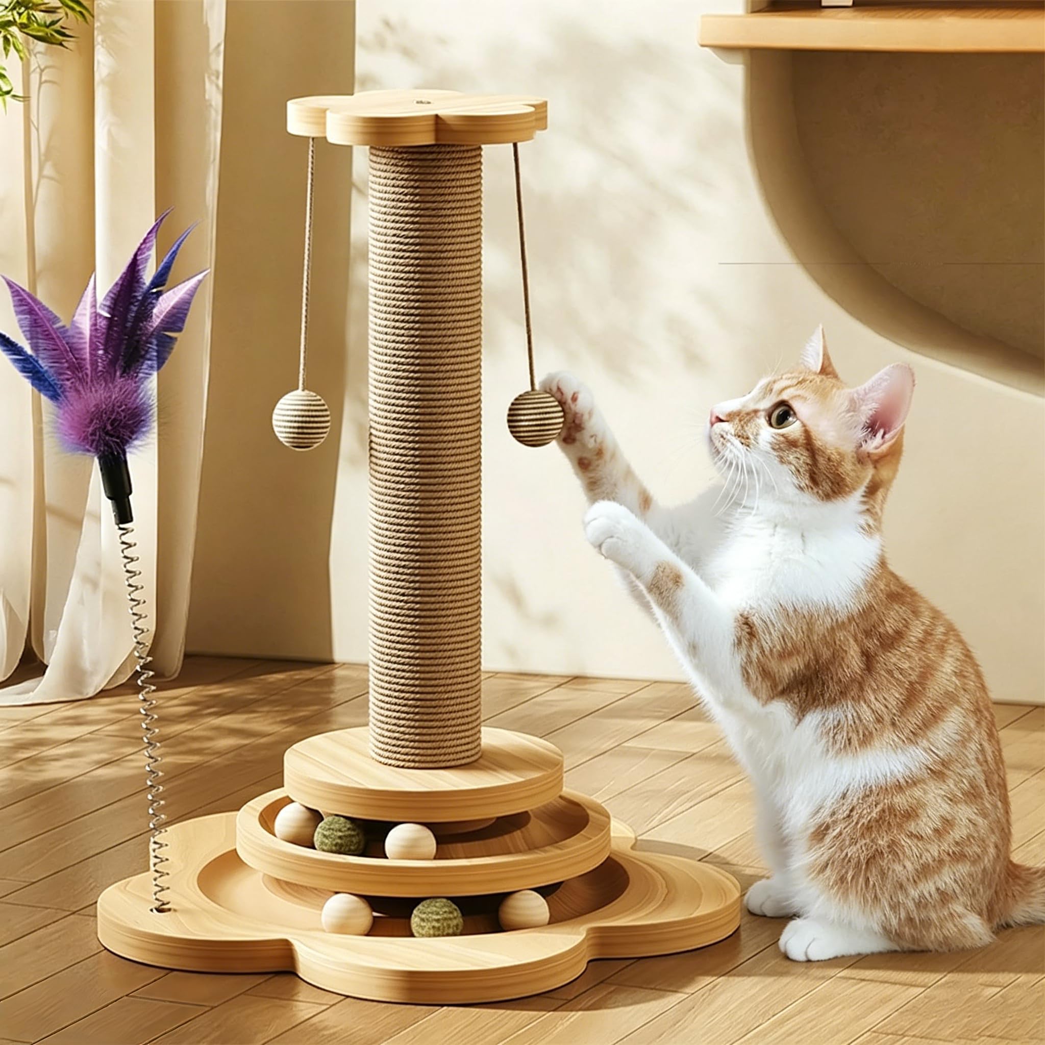 4 in 1 Katzenspielzeug hölzernes, Katze Sisal Seil Kratzbaum mit hängenden Ball, Interaktives Katzenspielzeug mit Kratzbaum für Katzen mit Katzenminze Bälle(29 * 46cm)