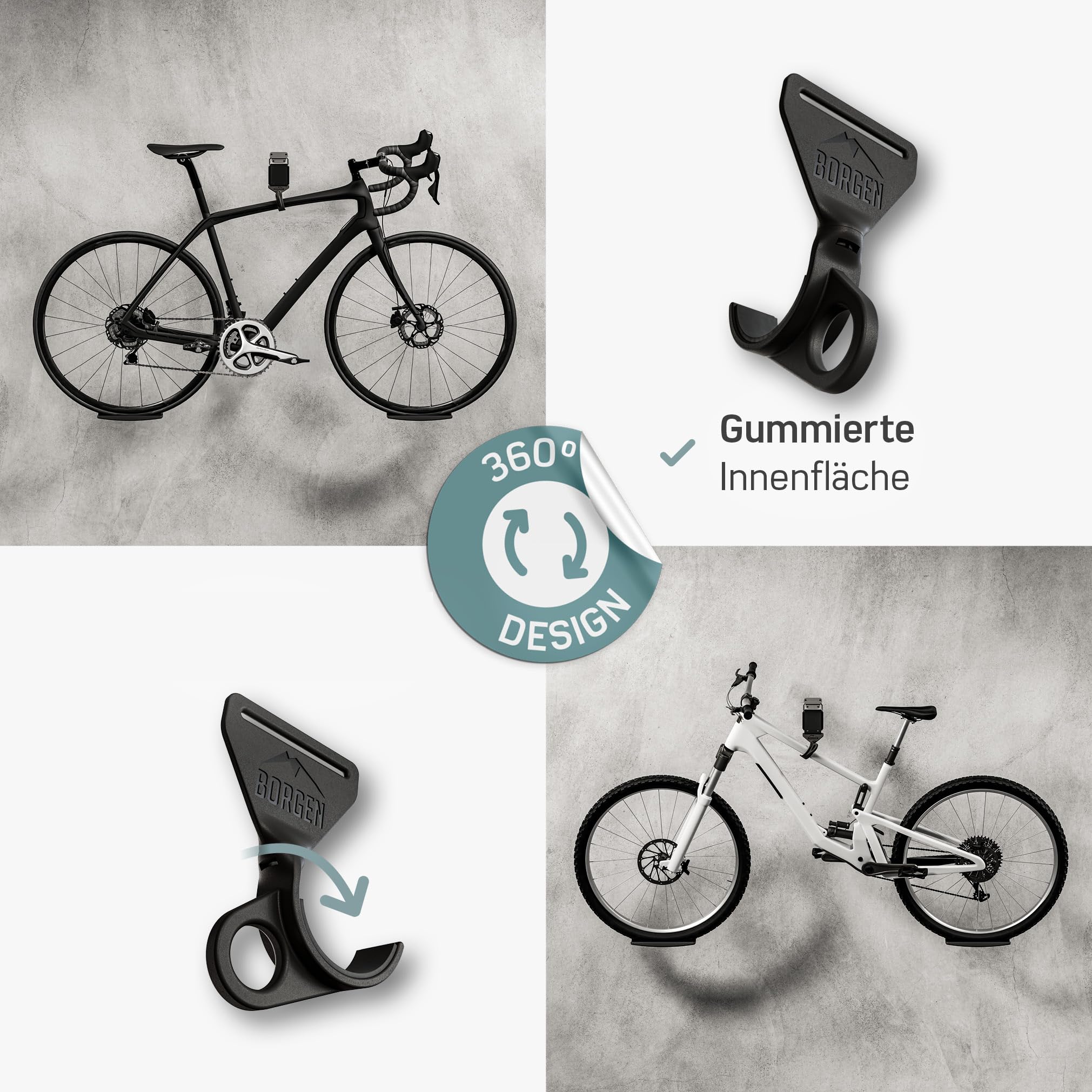 Borgen Fahrrad Wandhalterung - einstellbare Fahrradhalterung für die Wand - E-Bike, Rennrad, MTB, Rennrad kompatibel - gummierter Haken gegen Kratzer