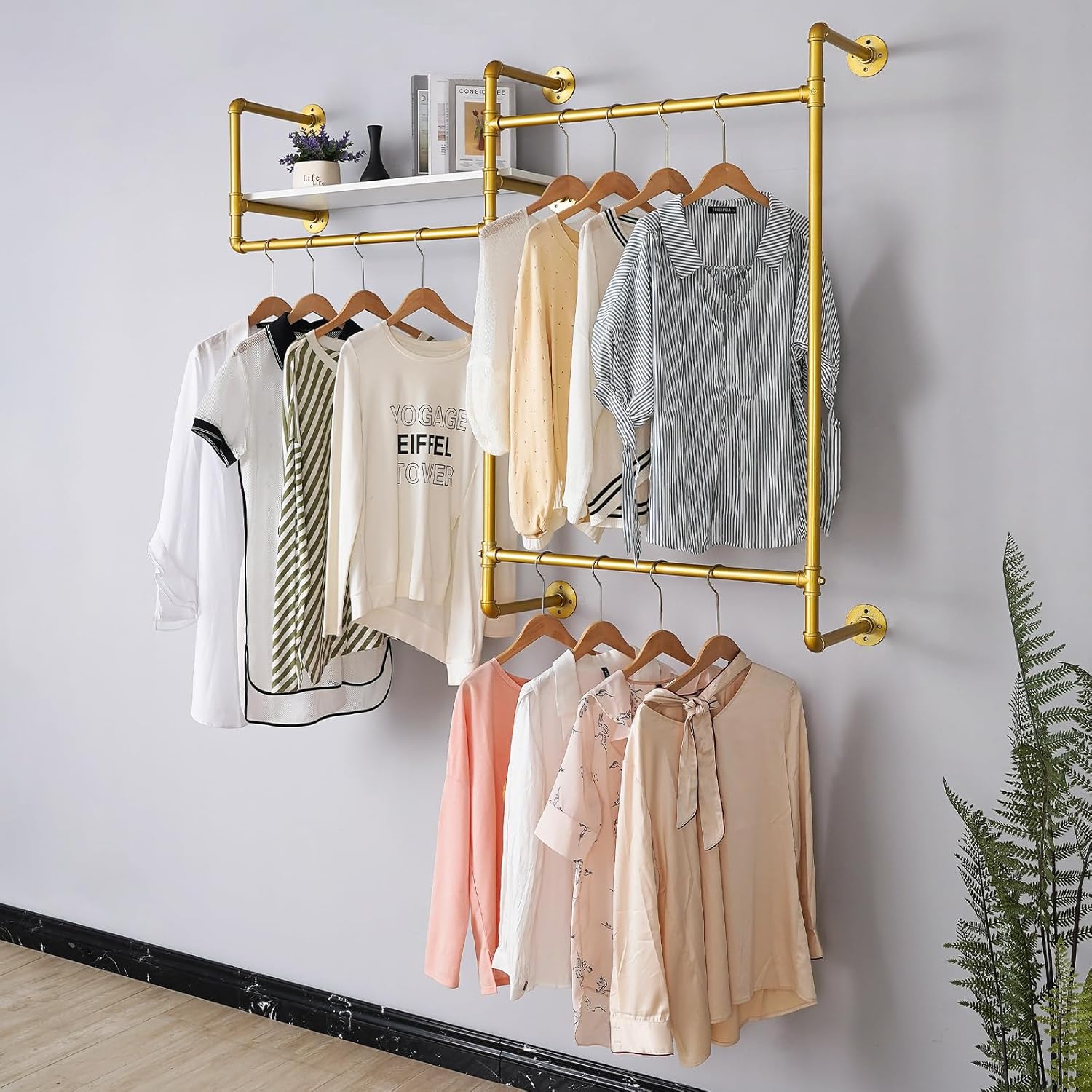 Gold Wall-Mounted Clothing Rack – Industrial Strength Pipe Garment Rack with Wooden shelf, 58" W Heavy Duty Closet Rod for Bedroom/Laundry/Store Displays