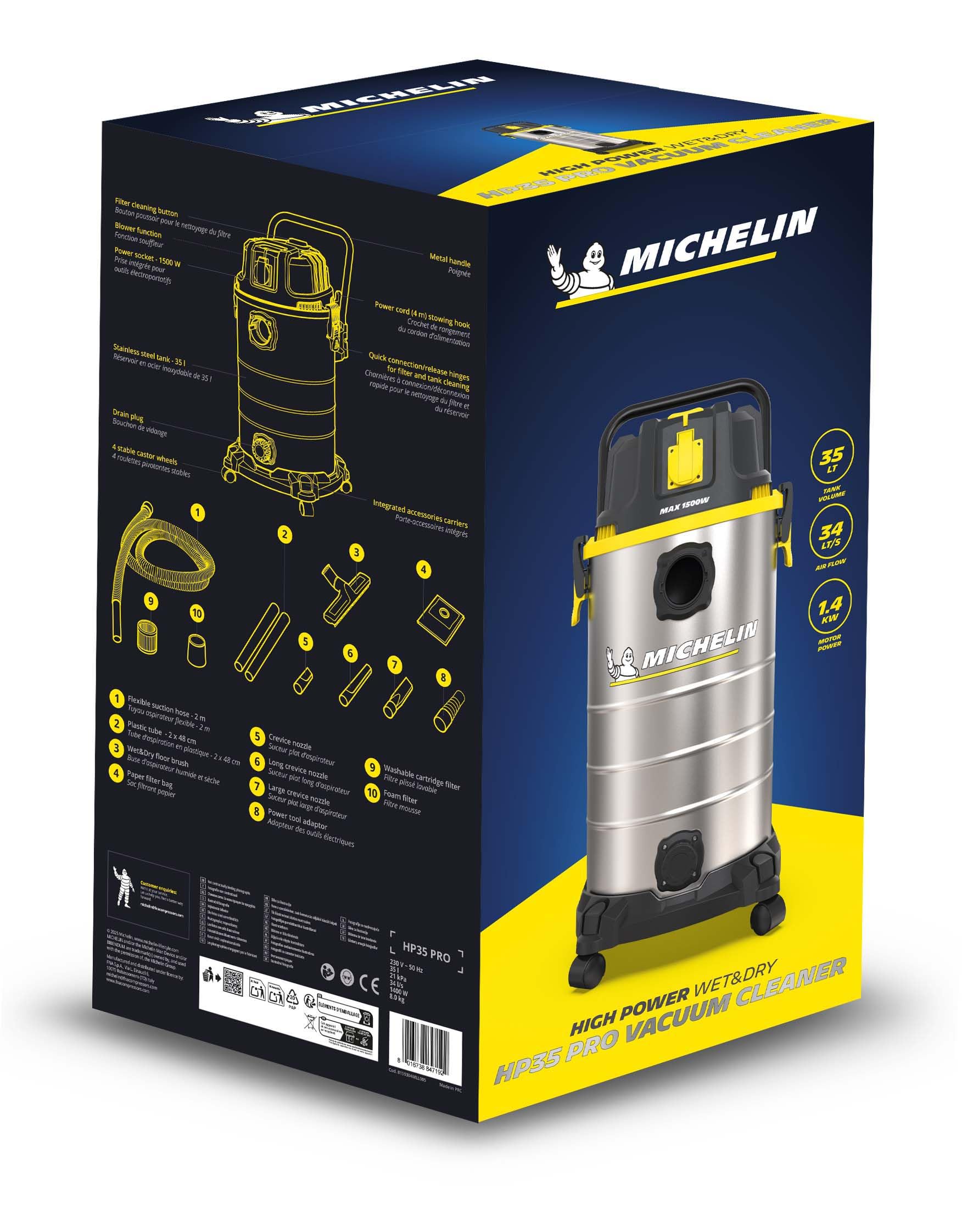 MICHELIN, Aspiratore Solidi e Liquidi, HP35 PRO, Serbatoio in Acciaio da 35 L con Manico Ergonomico, con Presa Elettroutensili, 1400 W, Completo di Accessori, Funzione di Soffiaggio, 21 kPa