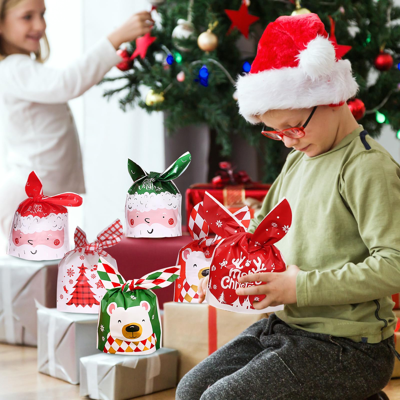 100 Pezzi Sacchetti Regalo Natale Sacchetti per Biscotti Natalizi Piccoli Sacchetto per Confetti Caramelle Dolci Alimentari Forma Orecchio Coniglio Borsa Bustine Buste Plastica per Festa Compleanno