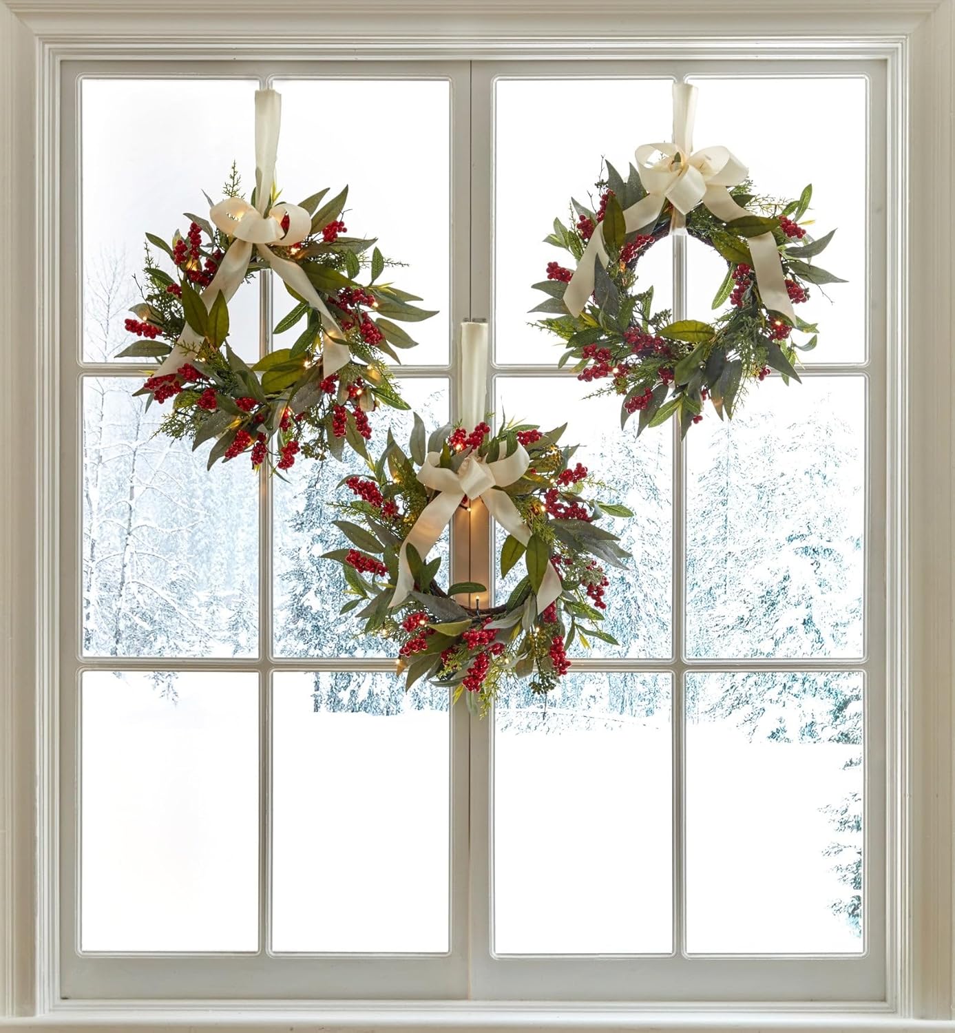 BrylaneHome Set of 3 Pre-Lit 16 inch Christmas Wreaths with 20 Warm Lights & Timer Function, Pre-Decorated, Cordless, No Outlet Required - Holiday Classic