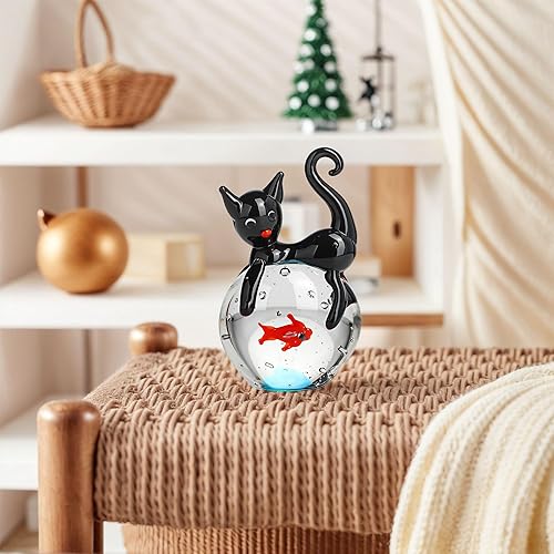 Miniatura 7 de QFkris Figura de gato negro de vidrio soplado, mini escultura de animales de cristal, figuras coleccionables de arte de gatos y peces para