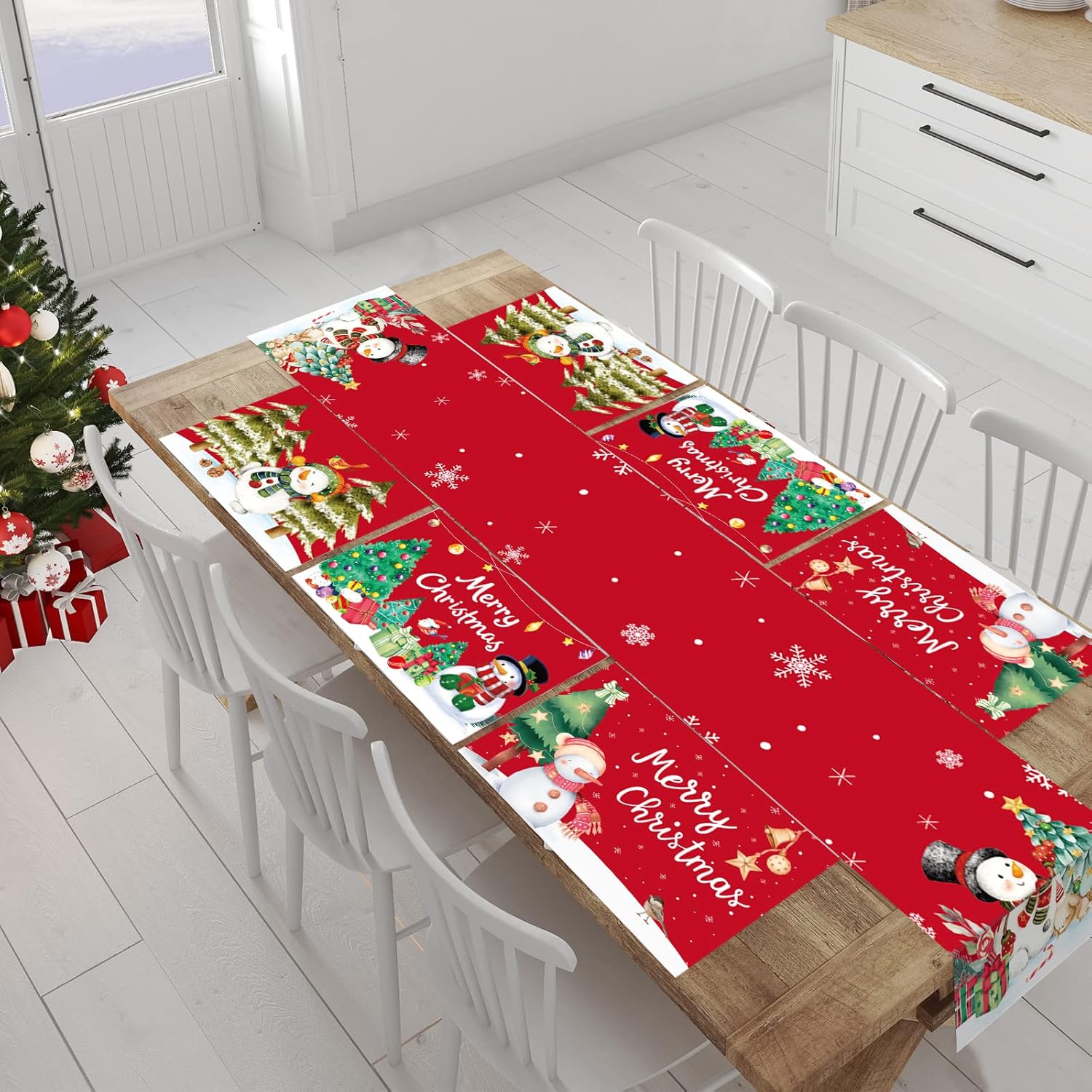 Set of 7 Merry Christmas Snowman Table Runner Placemats