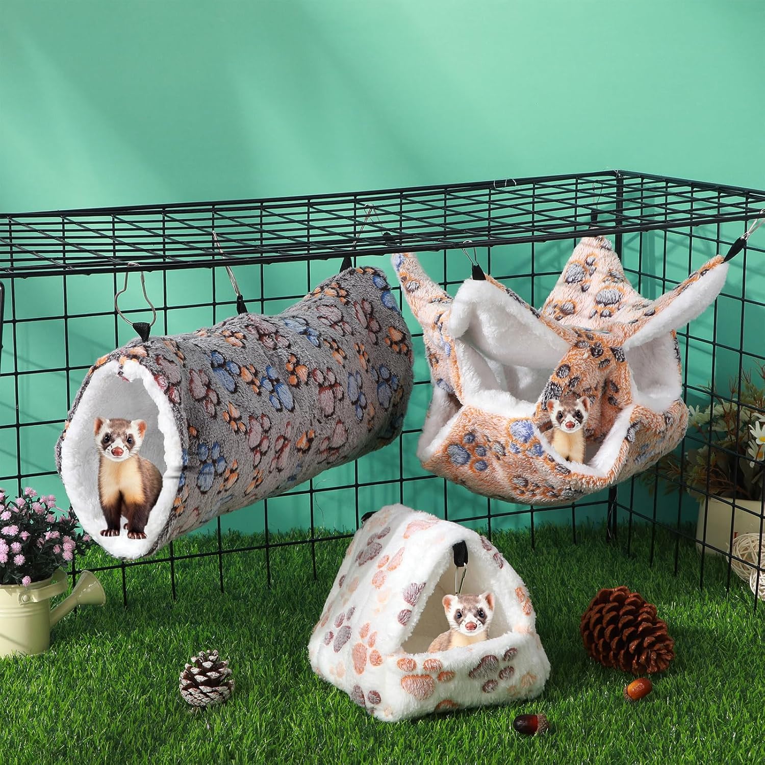 Abbylike 9 Pieces Rat Hammock 3 Tier Guinea Pig Ferret Hammocks Small Pet Hanging Tunnel Glider Toy Guinea Pig Ferret Hideout Bed Cage Accessories for Hamster(Light Brown, White, Black,Paw) 4 81PClj92FjL. AC SL1500