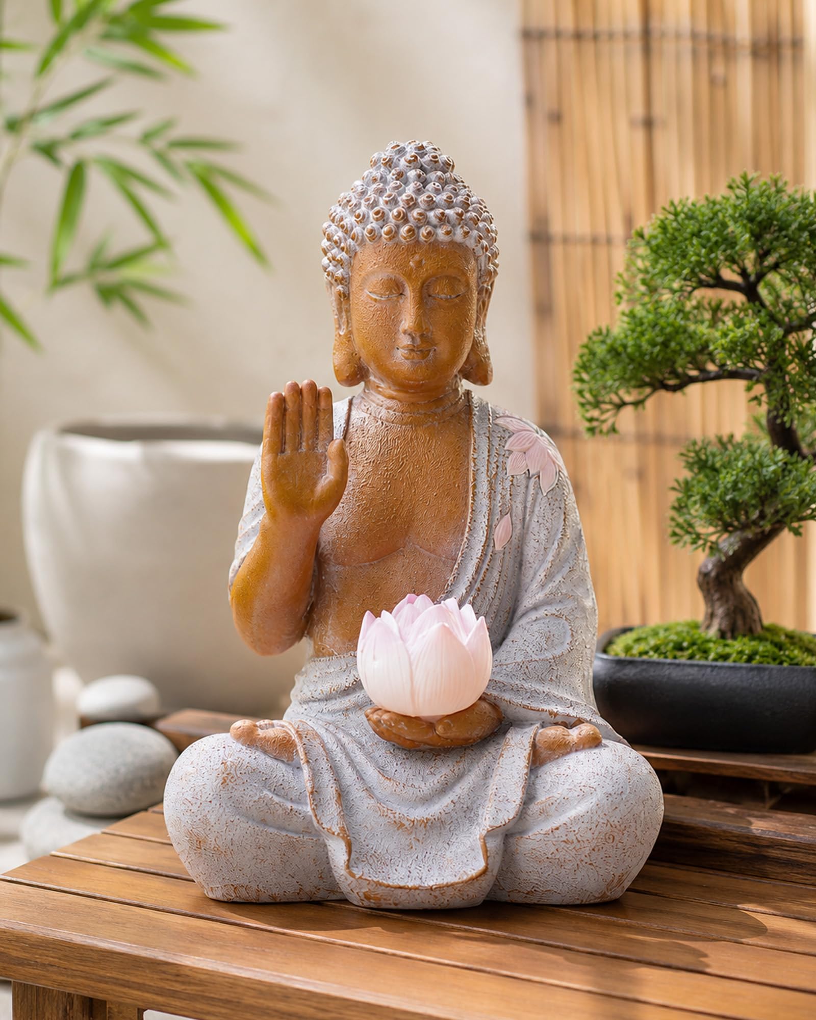 Yeomoo Statue de Bouddha avec LED solaire Lotus Décoration de jardin - Figurine de méditation résistante aux intempéries pour jardin Zen, salon Feng Shui, cadeau spirituel pour femmes, maman, hommes