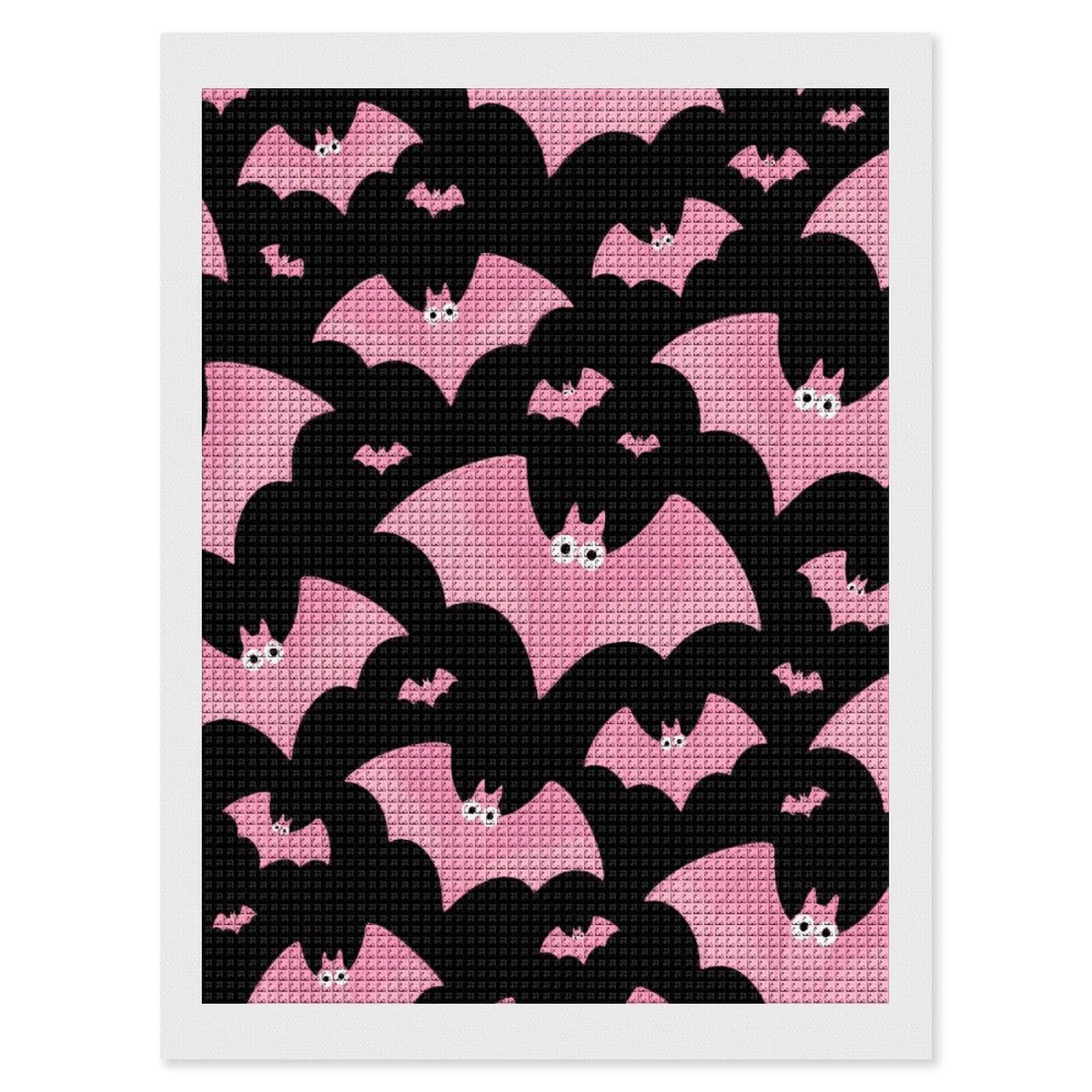 FodPand Halloween Bats Pink 5D Diamond Painting Kits for Adults Beginners Full Drill Square Diamond Dots Pictures Gem Art Supplies for Home Wall Room Decoration DIY Craft Set Gift 12x16