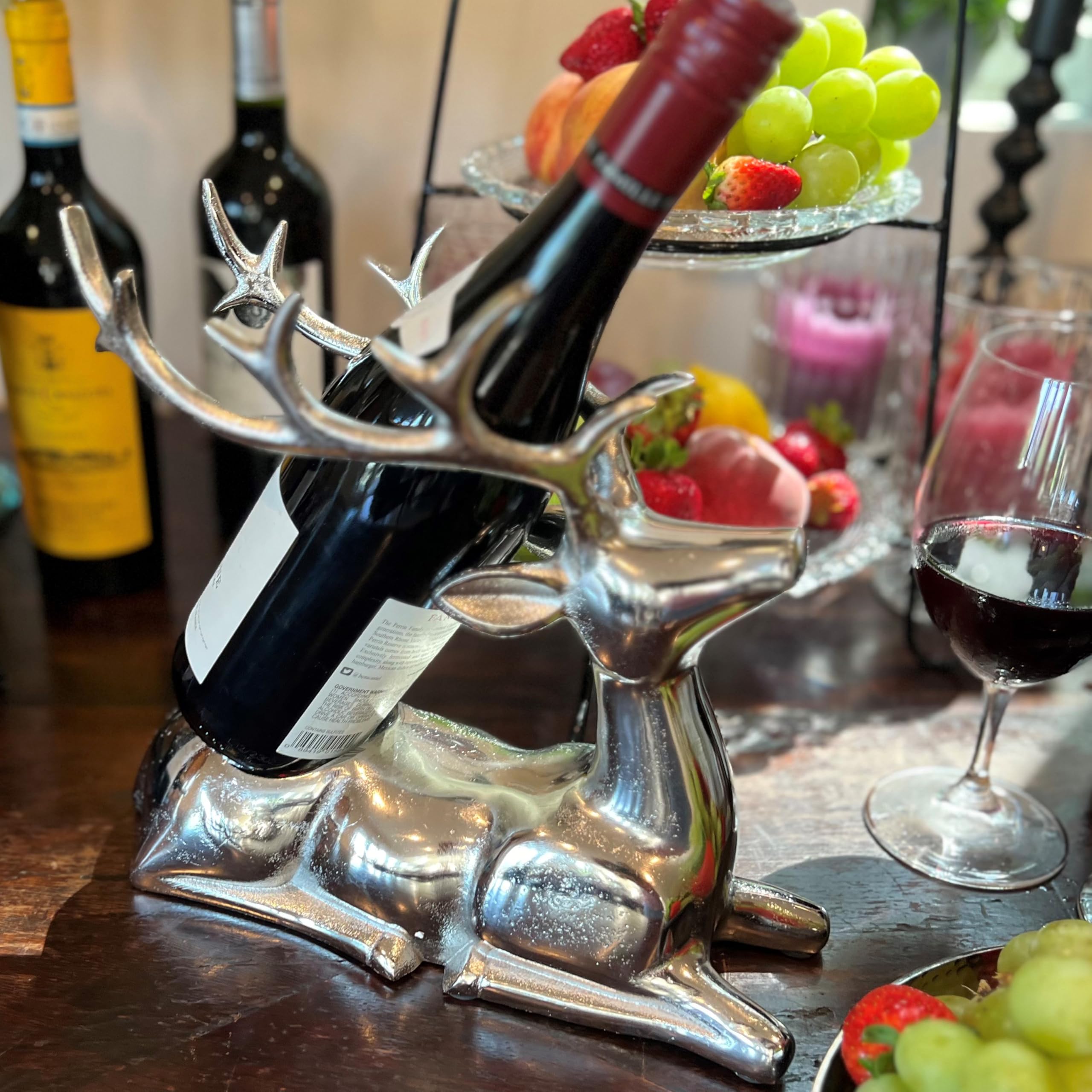 Recumbent Deer Wine Holder, Estante de exhibición de una sola botella, plata, níquel de aluminio fundido a mano, 11.75 pulgadas de largo 5