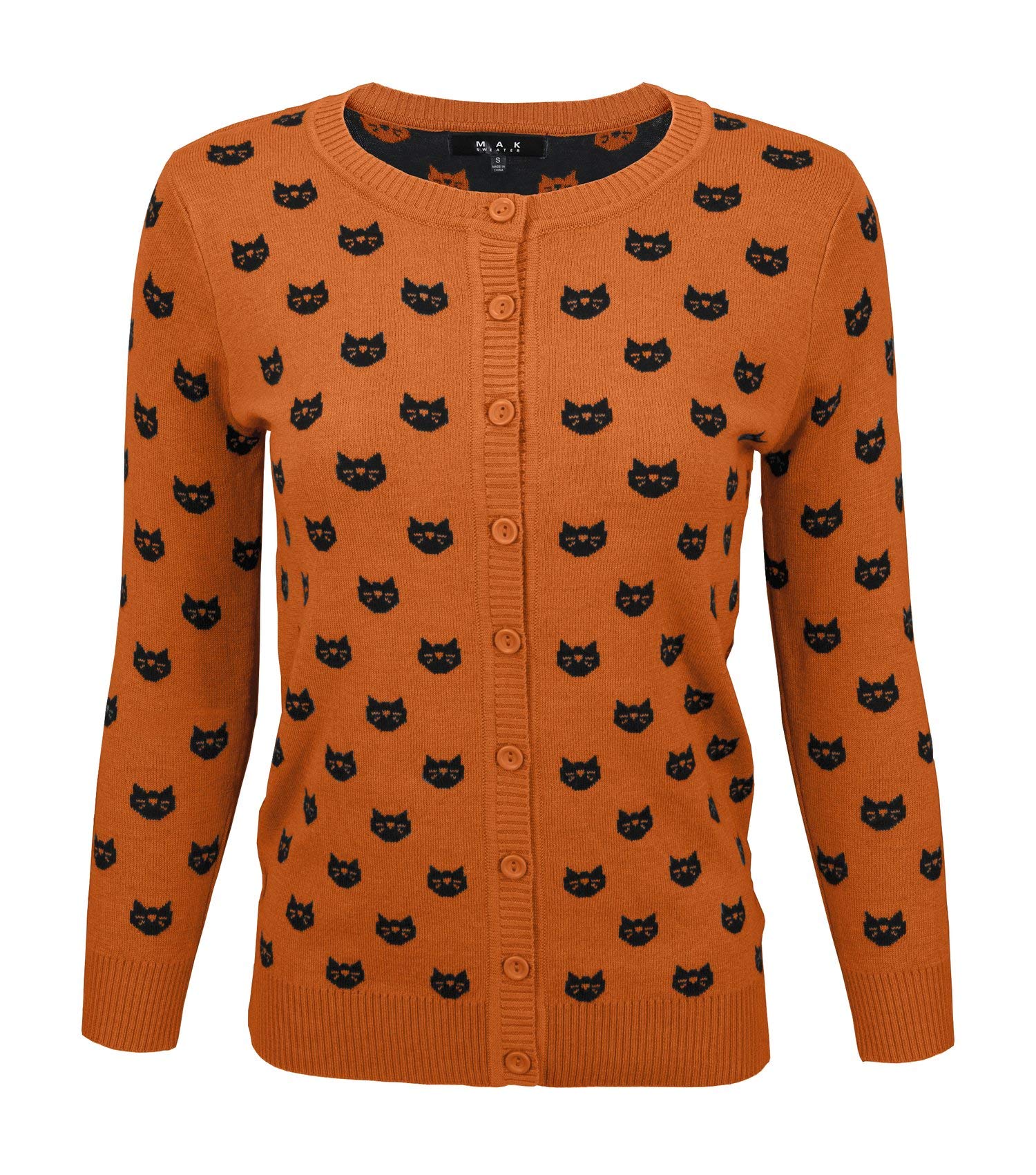 YEMAKWomen's Knit Cardigan Sweater – 3/4 Sleeve Button Down Crewneck Cute Cat Dog Pattern Casual Lightweight Knitted Top