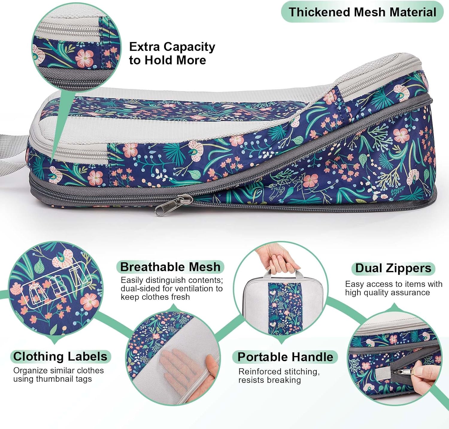 6 Set Compression Packing Cubes for Travel Essentials,Compressible Expandable Packing Cubes for Suitcase,OlarHike Luggage Organizer Bags for Travel(Dark Blue Floral)