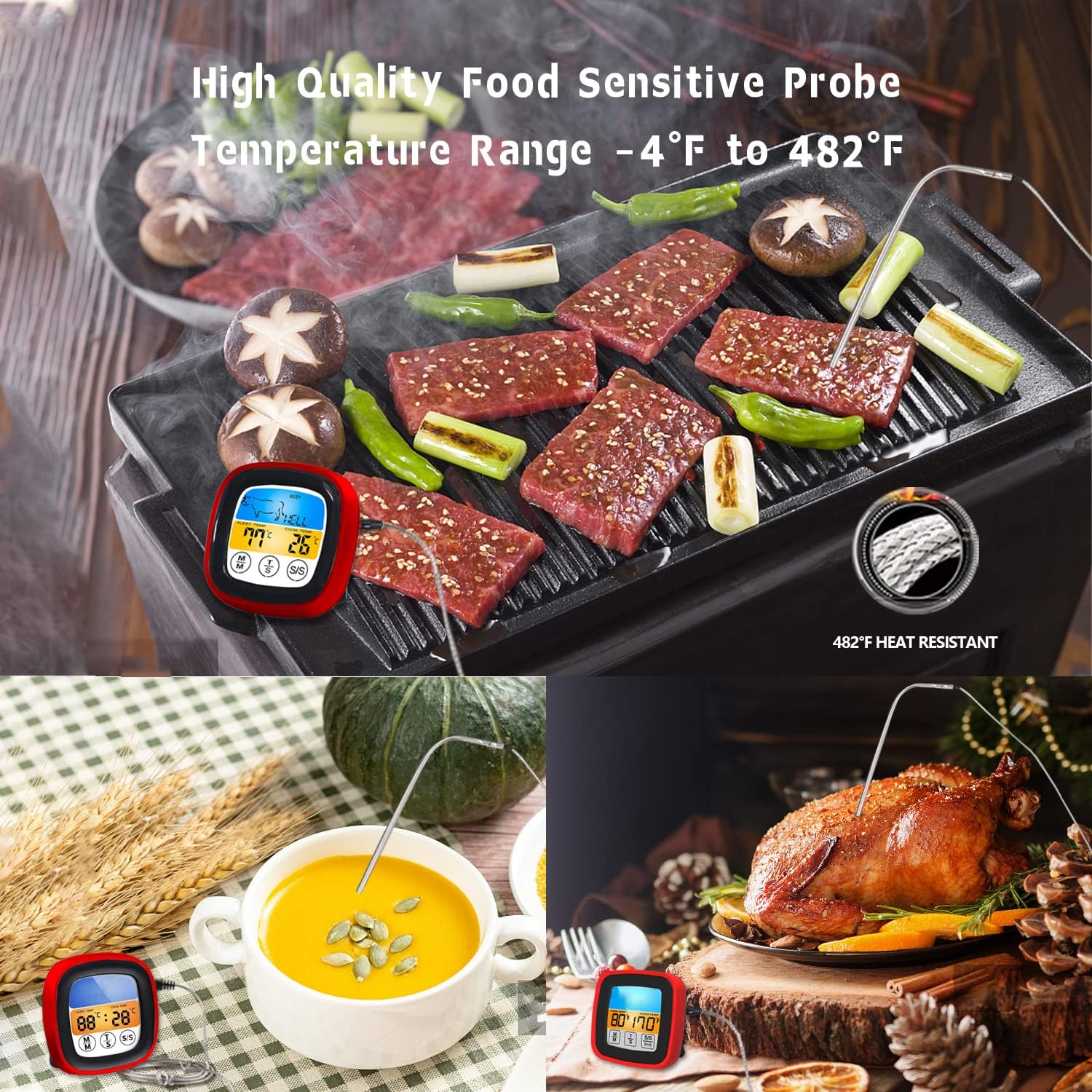 review Huyerdo Instant Read Meat Thermometer, Digital Food Thermometer with Probe, Touch Screen LCD with Large Display, Backlight and Calibration, Red Grill Thermometer for Liquids, BBQ, Kitchen Cooking