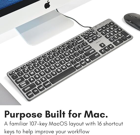 Macally Wired Keyboard for Mac (USB C + A) - Large Print and Backlit for Apple - 107 Key Full Size Large Letters USB C Keyboard for MacBook Pro/Air, Mac mini, iMac