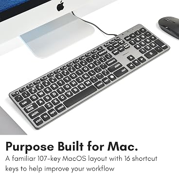 Macally Wired Keyboard for Mac (USB C + A) - Large Print and Backlit for Apple - 107 Key Full Size Large Letters USB C Keyboard for MacBook Pro/Air, Mac mini, iMac
