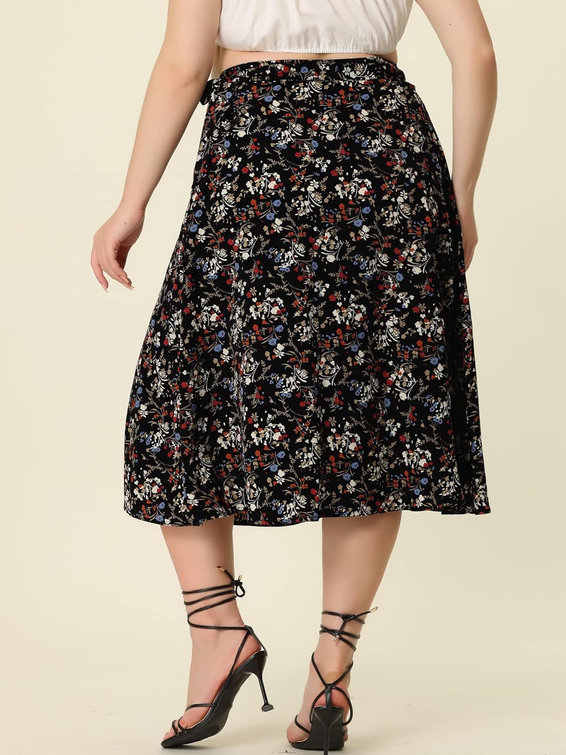 Agnes Orinda Women's Plus Size Boho Floral Wrap Skirts a Line Midi Chic Ruffled Hem High Waisted Skirt - Image 4