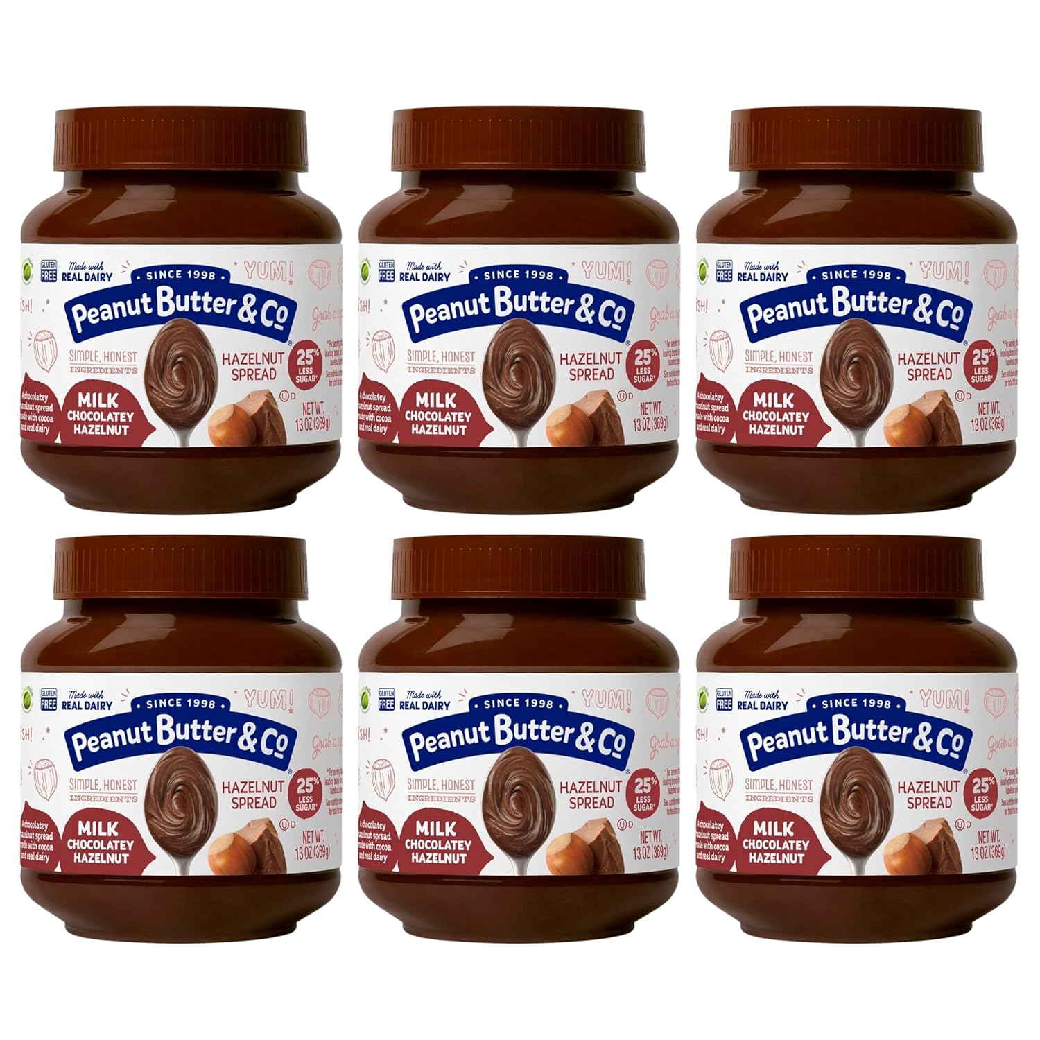 Peanut Butter & Co. Milk Chocolatey Hazelnut Spread, Creamy Chocolate Hazelnut Butter, Gluten Free, Non-GMO, Kosher, Dessert Spread for Toast, Fruit & Baking, 13 Ounce (Pack of 6)