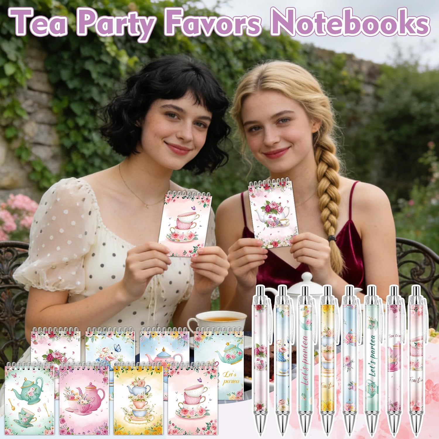 Lebsitey 48 Pcs Tea Party Favors Mini Tea Party Notebook with Floral Ballpoint Pens Vintage Teapot Spiral Pocket Notepads Memo Spiral Notebooks Birthday Office Wedding Supplies Bridal Shower Favors