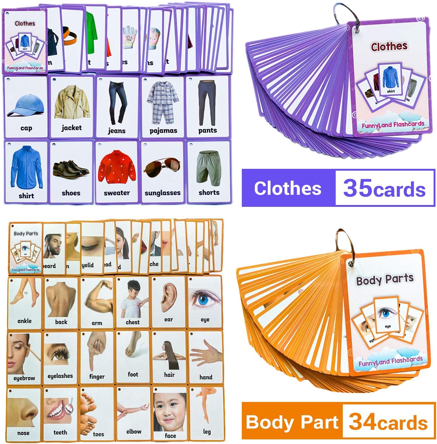 ボディパーツ、服 英語フラッシュカード2セット 子供用ポケットカード 学習 赤ちゃんのおもちゃ 幼稚園前