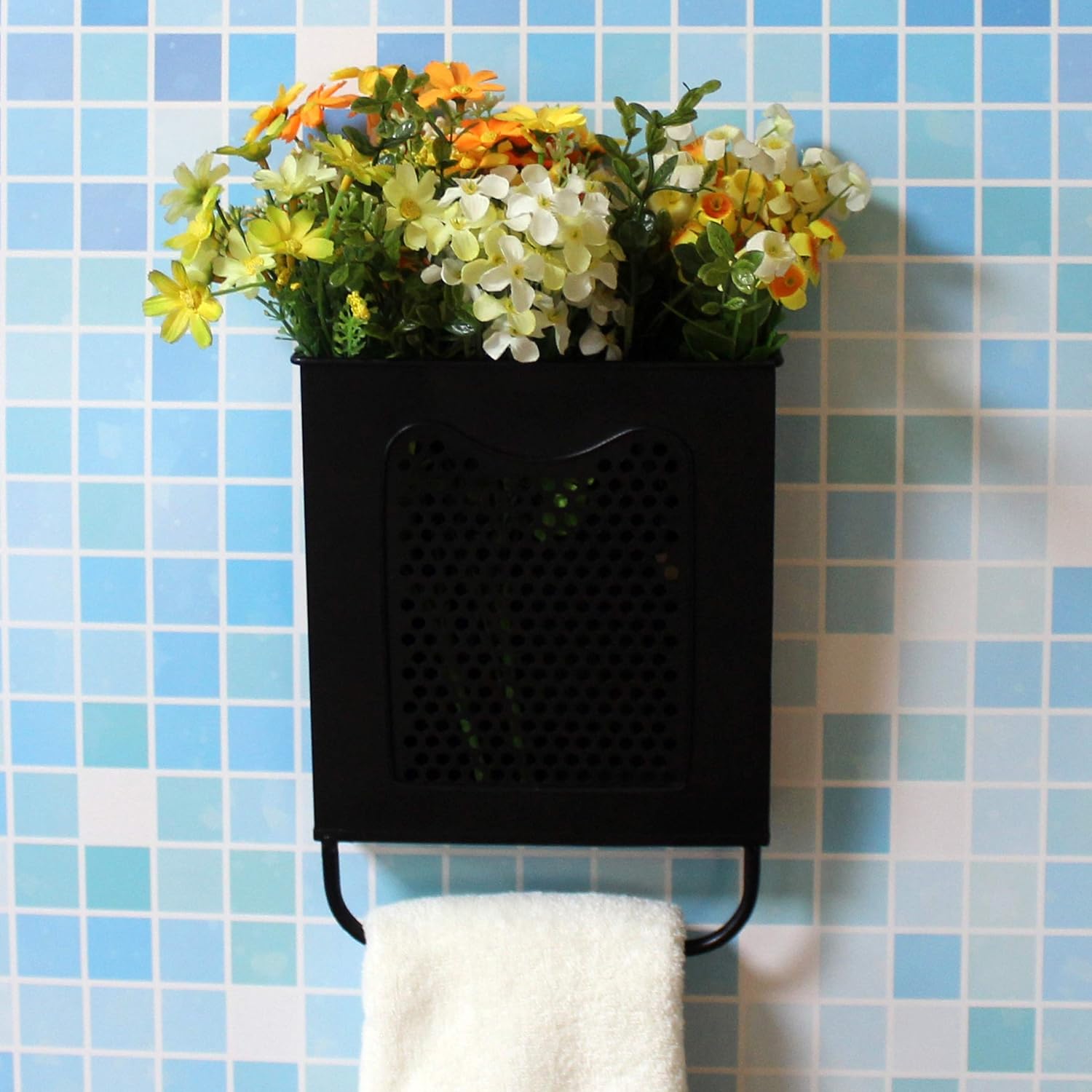 CVHOMEDECO. Primitives Vintage Galvanized Tin Wall Box Metal Wall Hanging Flower Holder with Towel Bar, Wall Pocket Organizer for Home Decor.