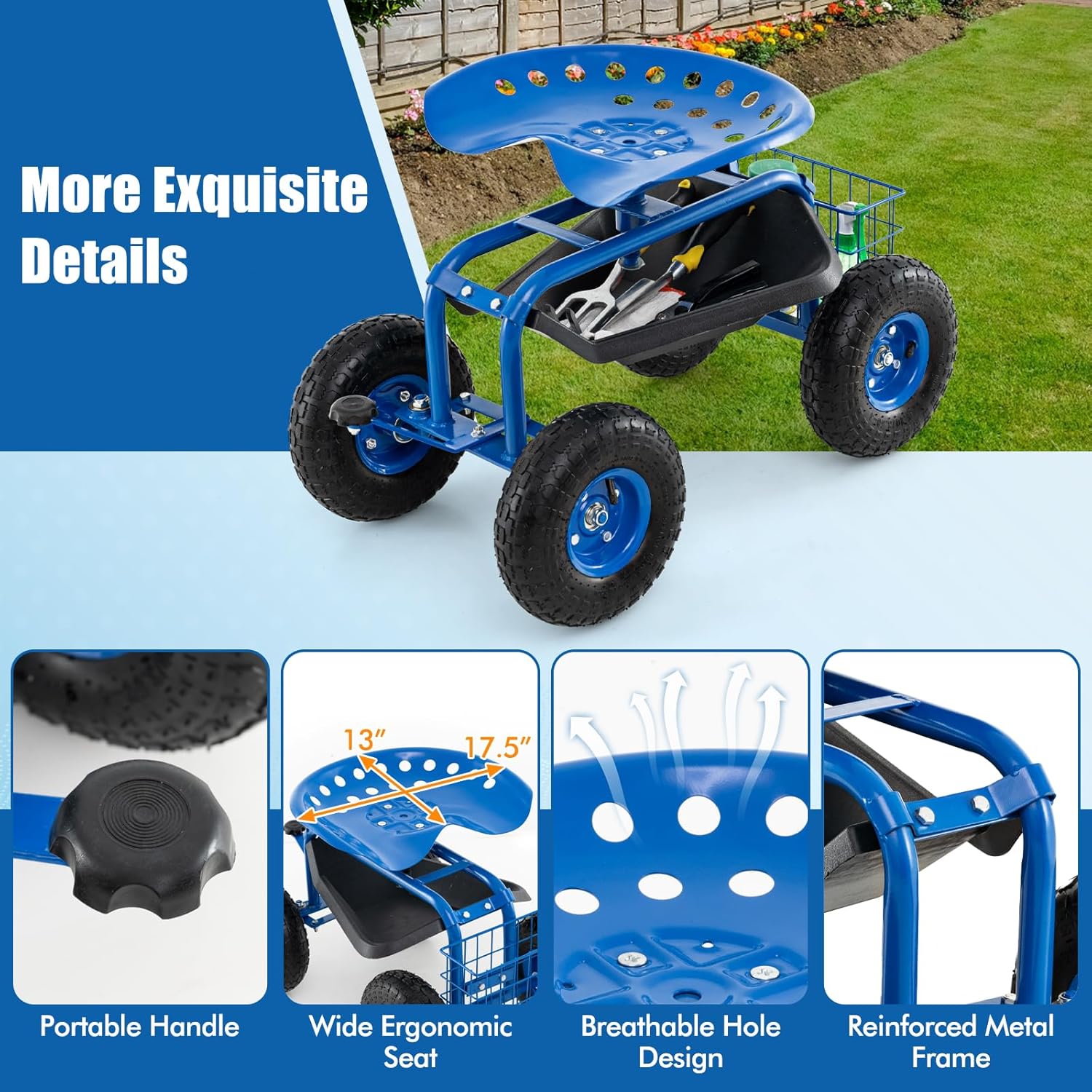 Goplus Garden Seat with Wheels, Rolling Garden Cart with 360 Degree Swivel Seat for Planting, Gardening Stool w/Tool Tray, Basket, Gardening Chair Workseat, Patio Wagon Scooter for Seniors