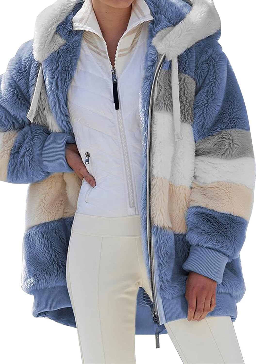 YMING Womens Winter Faux Fur Shaggy Jacket Warm Zip Up Hooded Coat Oversized Shearling Outwear with Pockets