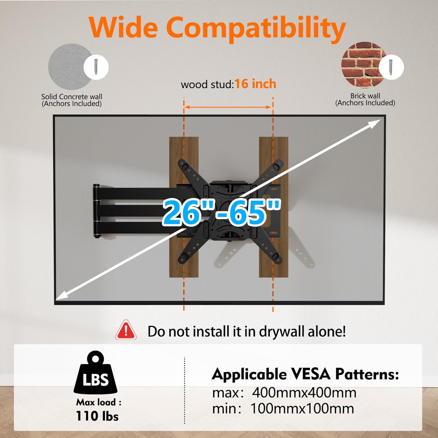 Extra Long Arm TV Wall Mount 48'' Extension, Rotating TV Wall Mount 180° Heavy Duty Full Motion for 26''-65'' Screens, VESA 400x400mm, Load 110 lbs, 16''Wood Stud/Concrete/Brick Wall, WHYFONE