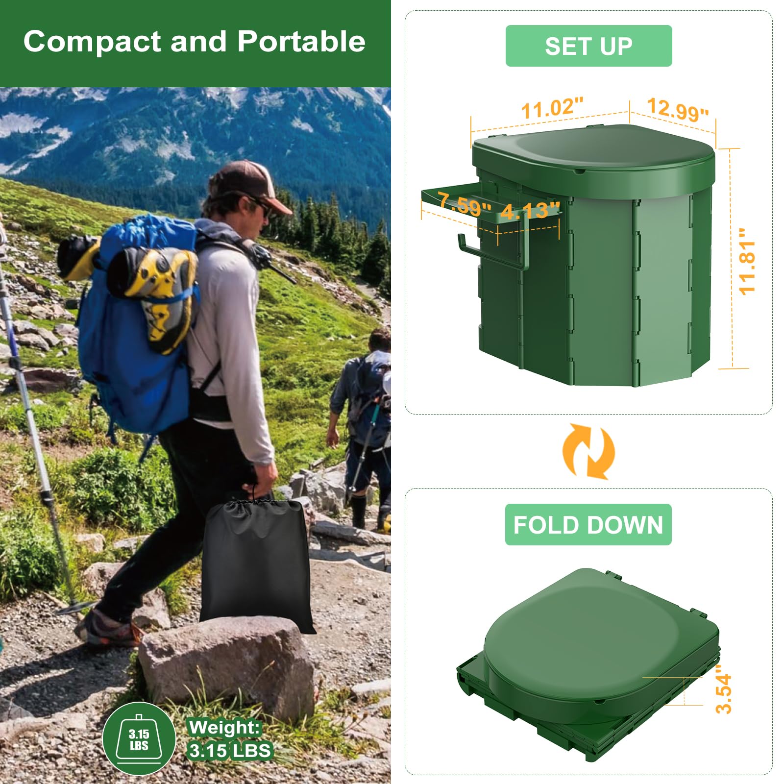 WADEO Draagbaar Campingtoilet Met Deksel - Opvouwbaar Toilet