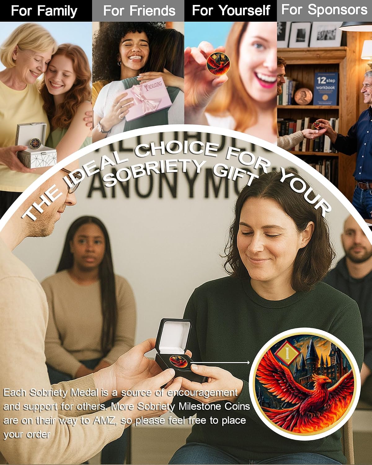 Rising Phoenix 1 Year Sobriety Coin, Compass to Guide the Way NA Medallion | Addiction Recovery Anniversary Celebration NA Coin with Token Capsule - Clean Living Sobriety Gifts for Men & Women