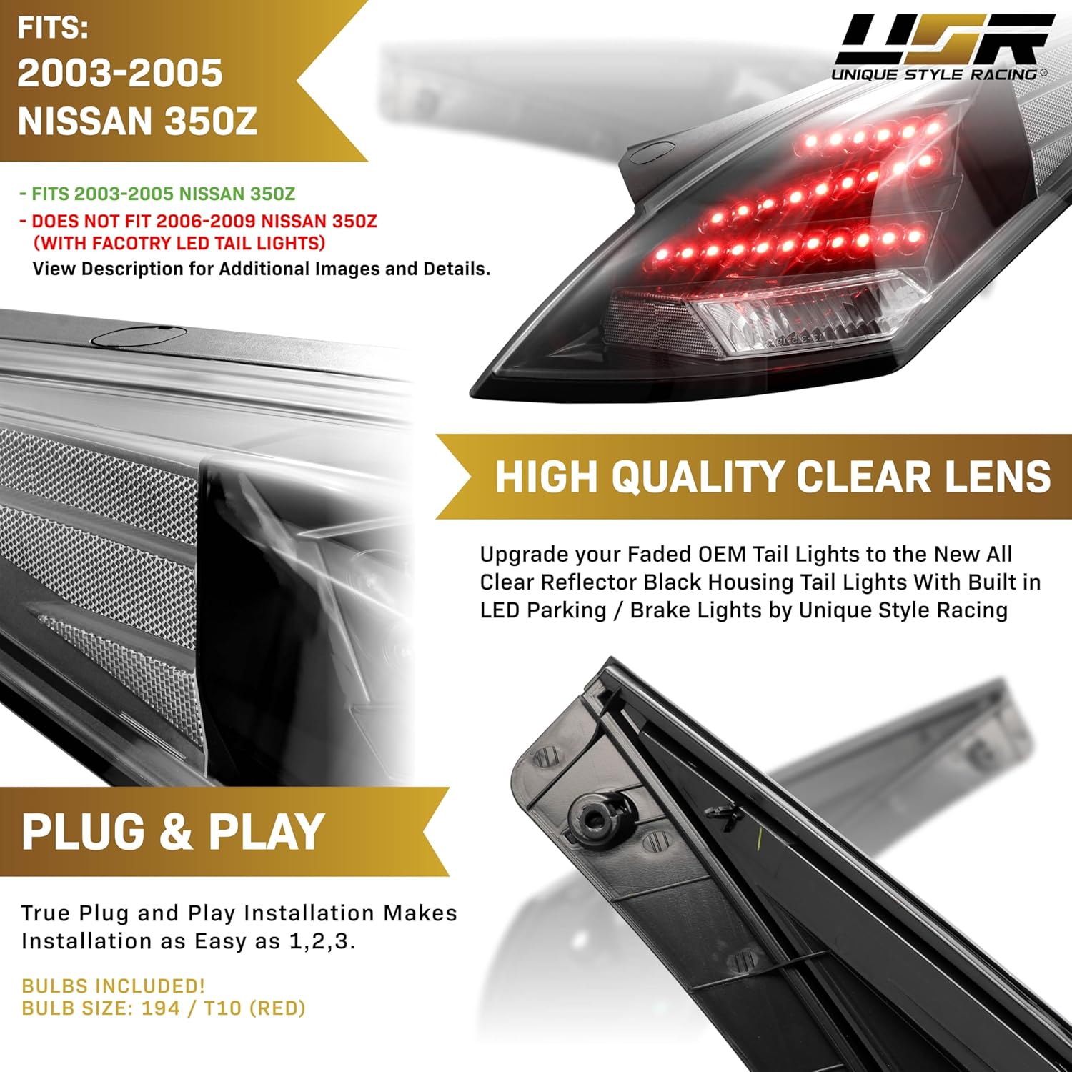 USR 03-05 Z33 Tail Light – “Z Shape” RED LED Output Rear Lamps (Left + Right) Pair - Compatible with 2003-2005 Nissan 350z Z33 Pre-Face All Z Models (MONOCHROME BLACK & CLEAR LENS JDM TAIL LIGHTS)