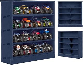 Felt Monster Trucks Display Case, Wall-Mounted Display Case Fit for Monster Trucks, 16 Slots Monster Trucks Storage Case, Groove Fixation Toy Truck Container Holder (Blue- New Version)
