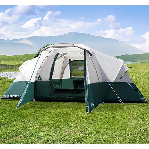 8/10/11 Person Camping Tent with Porch, Large Family Tents for Camping, PU1000MM Waterproof Tent with 5 Mesh Windows, Removable Rainfly, Reflective Windproof Rope, Big Dome Tent Fits 3 Queen Airbeds