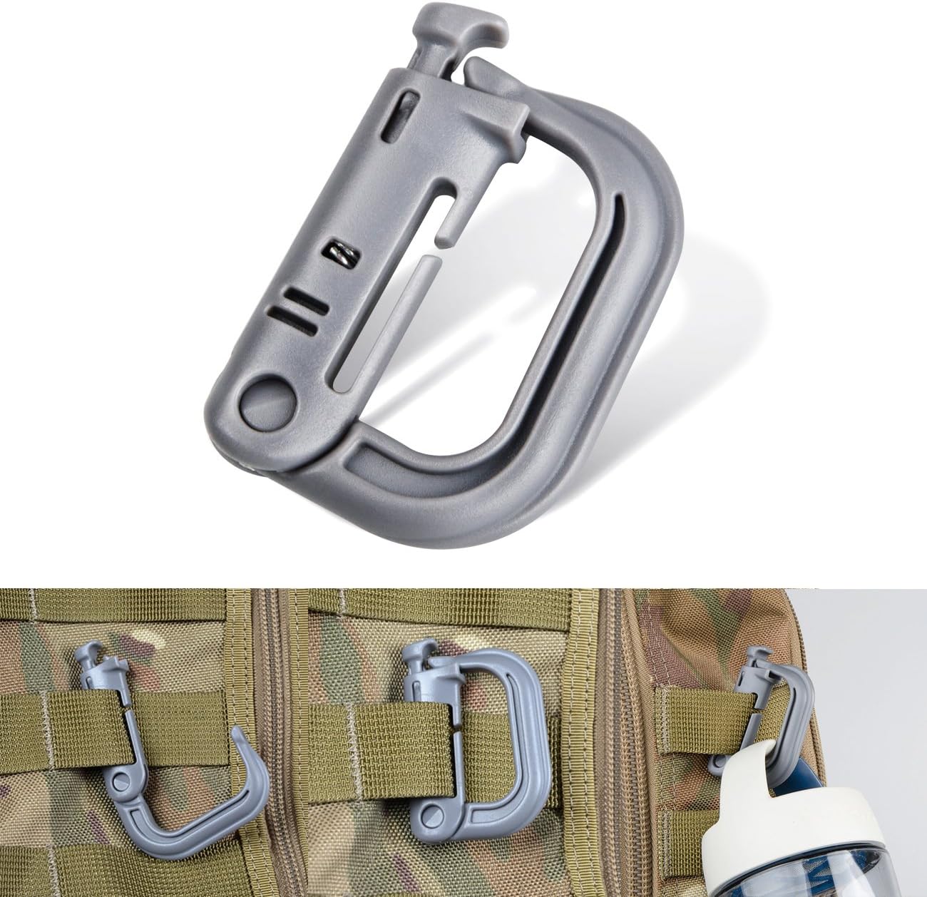 Tactical Gear ABS Plastic D Ring Shape Buckle, Super-Handy Spring Snap Key Chain Clip Hook Screw Lock Buckle, 4PCS (Grey)