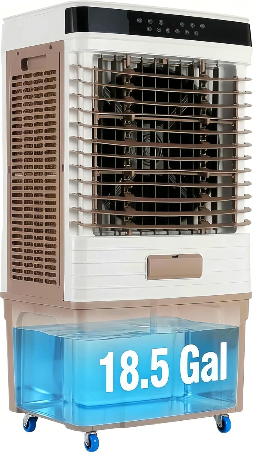 Casanta Outdoor Evaporative Air Cooler with Hose Hookup - 18.5 Gallon Portable Swamp Cooler for 750 Sq.Ft Patio & Deck, 4710 CFM, Remote & 24H Timer, Chestnut
