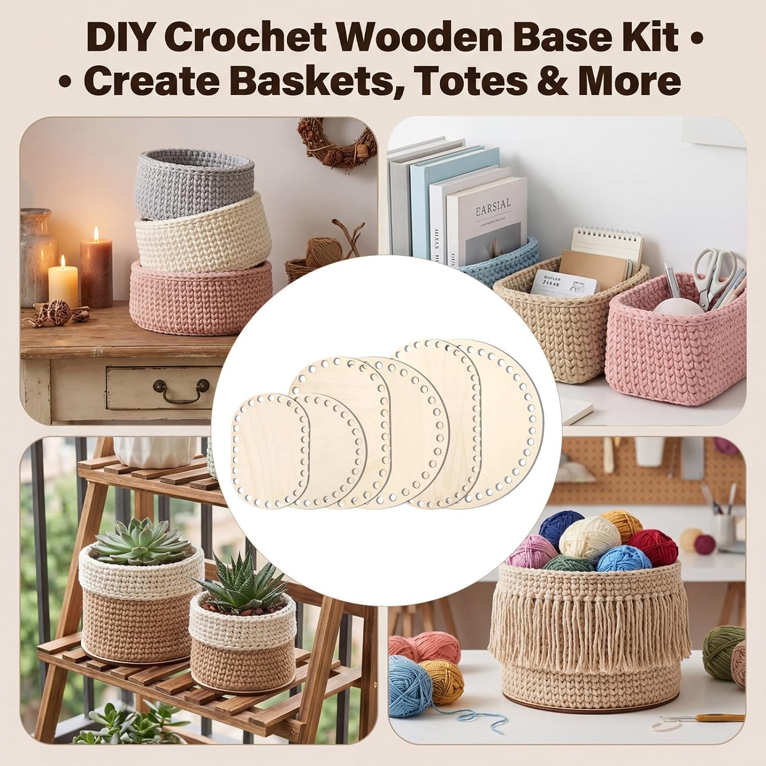 LXUEJIE 6 Pcs Wooden Basket Bottom for Crocheting, Oval Circle Blank Crochet Baskets Wood Base Kit, 6 Sizes Basket Weaving Supplies for DIY Craft Weaving Making Decorative