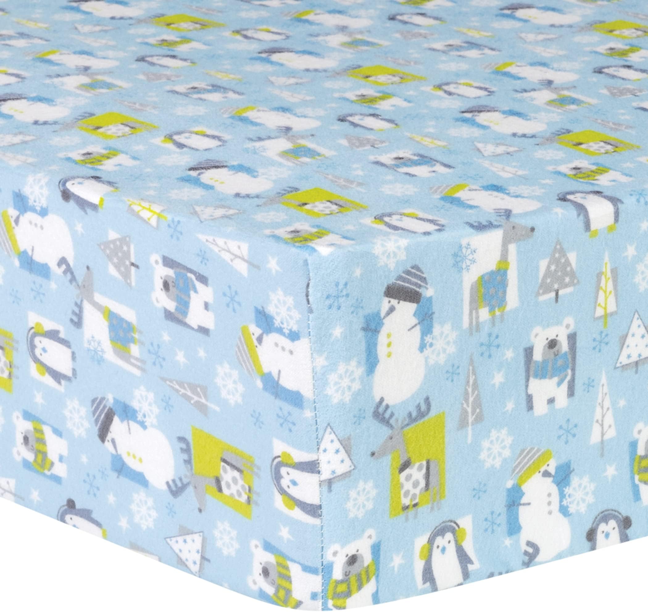Trend Lab 100 Cotton Snow Pals Deluxe Flannel Fitted Crib Sheet, Blue/Gray/Green