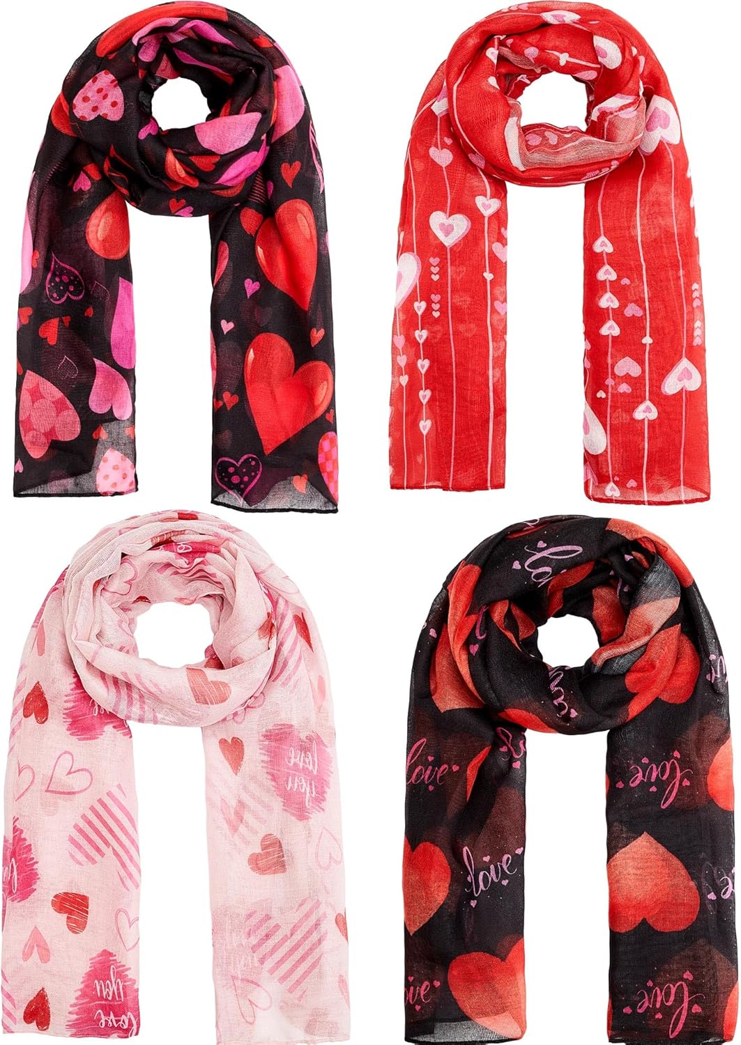 Patelai 4 Pcs Valentine Scarf for Women Heart Print Scarf Valentines Shawl for Girl Christmas Birthday Valentine Gift