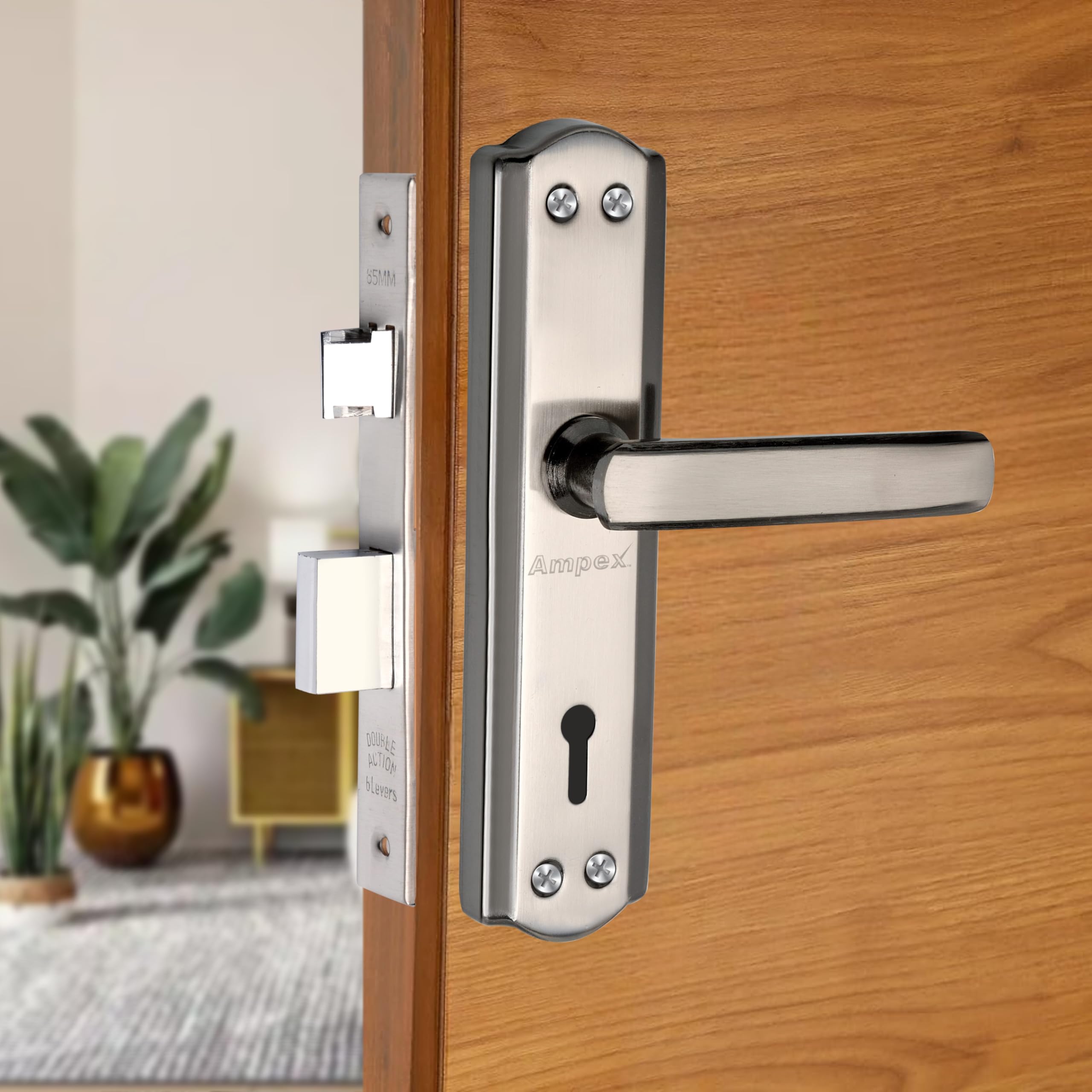 Ampex Iron, Brass, Steel Mortise Handle Lock Set Black Silver - Premium Heavy-Duty Door Lock for Enhanced Security, Mortise Lock with 3 Keys (Set of 2)