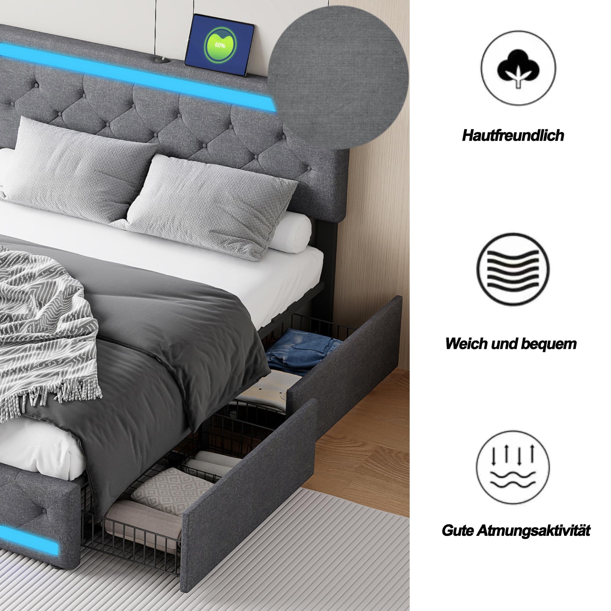 Letto imbottito 180 x 200 cm con illuminazione a LED, letto doppio con 4 cassetti, testiera regolabile in altezza con USB, funzionale con rete in legno, lino, grigio scuro