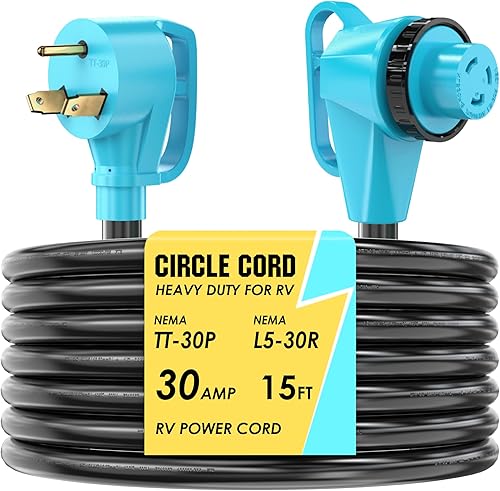 CircleCord 30 Amp 15 pies de cable de alimentación para caravana con bloqueo giratorio, resistente calibre 10, 3 cables de cobre puro STW con mango