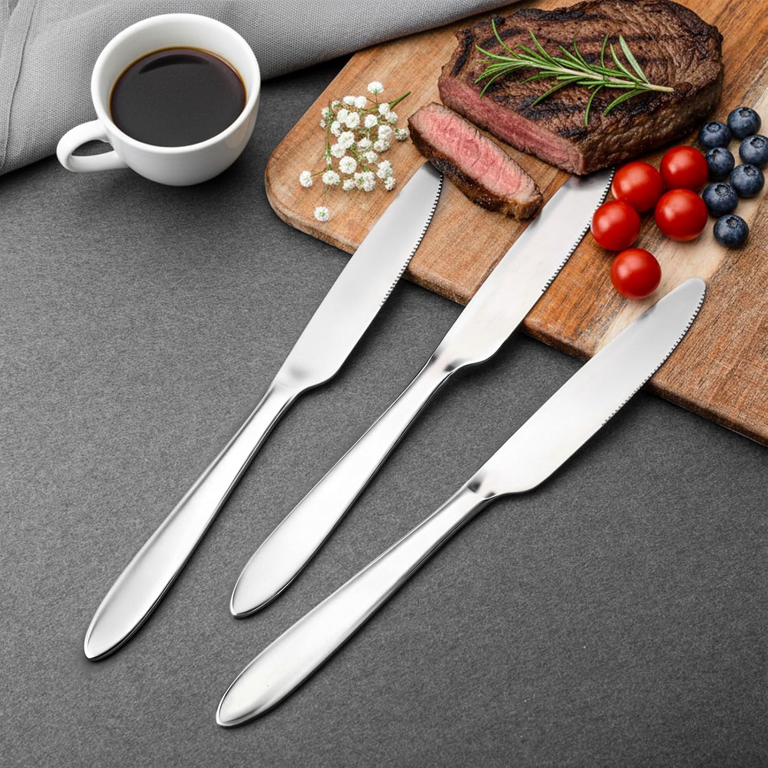 Nuenen 300 Pcs Dinner Knives Set 8.4 Inches Serrated Table Knives Durable Stainless Steel Butter Steak Silverware Bulk for Home, Restaurant, Kitchen, Dishwasher Safe and Mirror Polished
