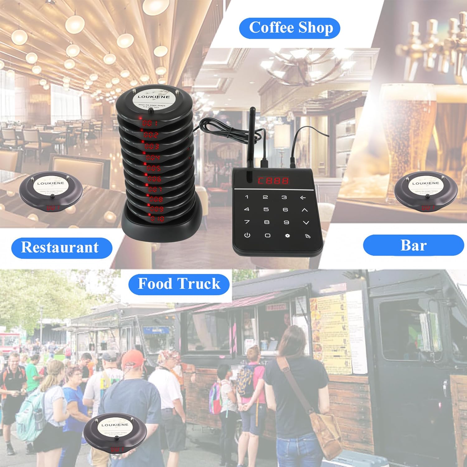 Pagers for Restaurants, Restaurant Paging System, Waterproof Mute Keypad, Vibration Flash Buzzer Mode, 10 Coaster Pager for Church Nursery Club Hospital Coffee Shop Bar
