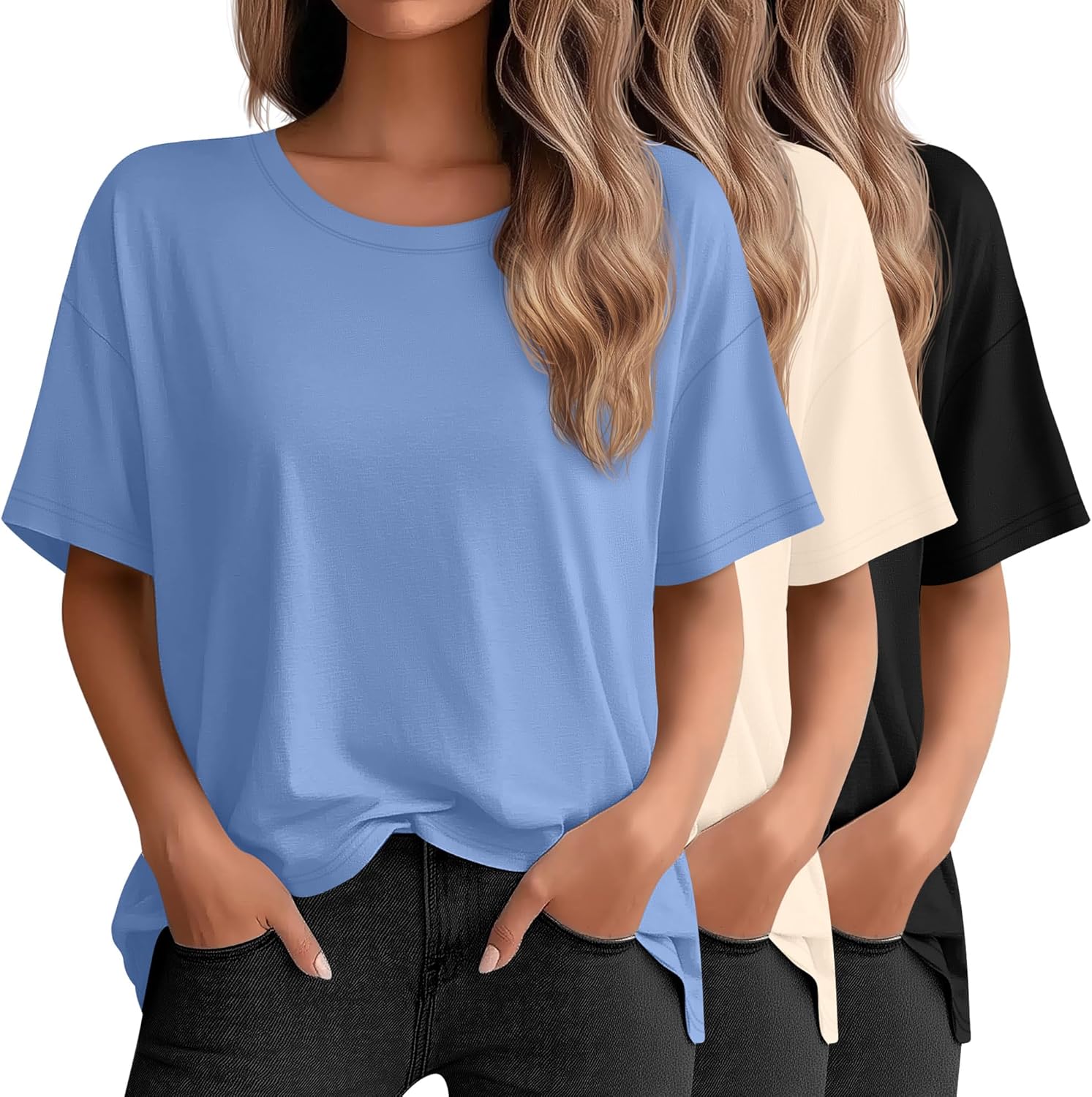 Ficerd 3 Pack Women's Oversized Half Sleeve T Shirt Crew Neck Elbow Length Tops Loose Fit Casual Summer Basic Tees - Image 3