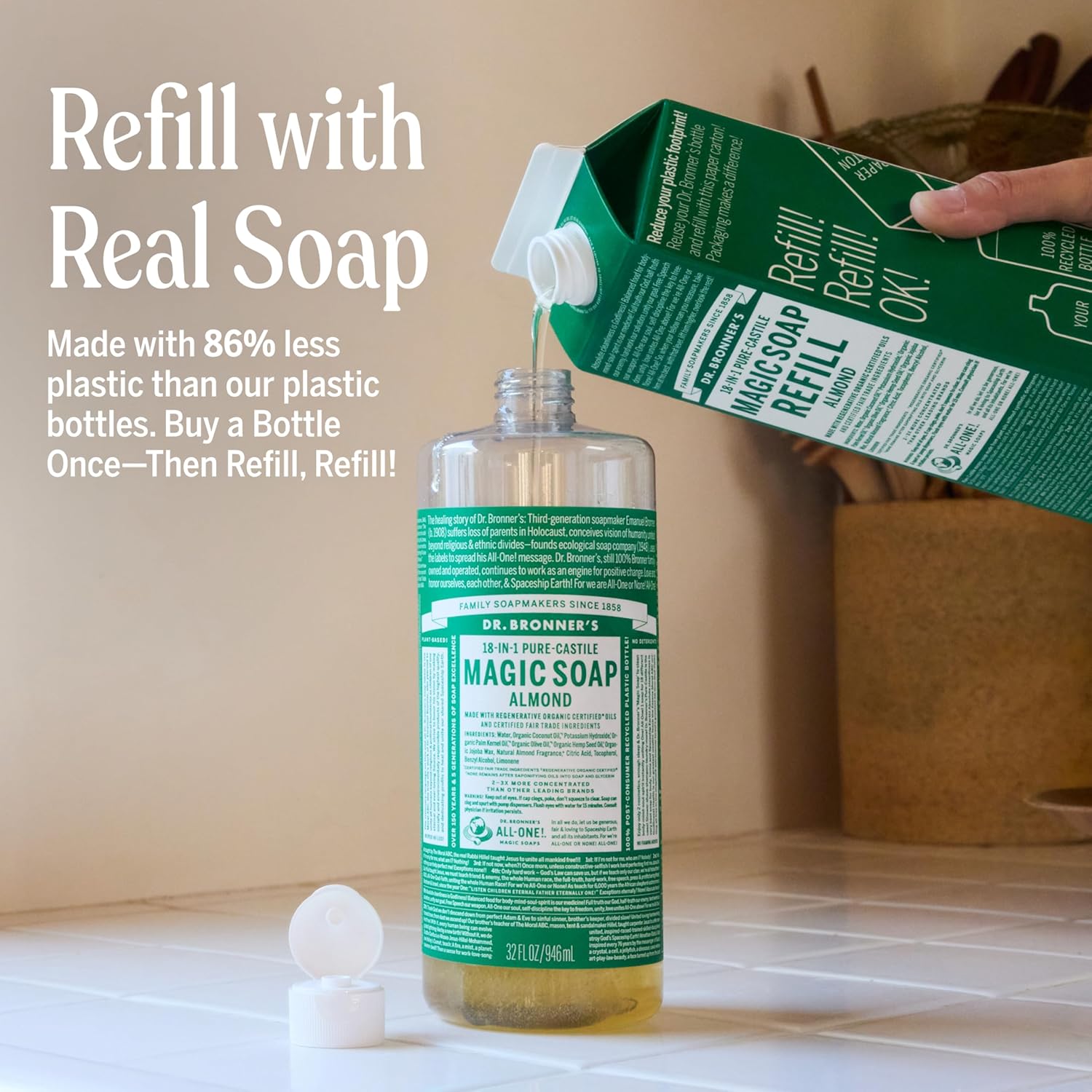 Dr. Bronner's Pure-Castile Magic Soap Liquid- Made with Regenerative Organic Certified Oils- For Body, Face, Hair, Dishes, Laundry, Vegan Bath Soaps for Men & Women, Non-GMO- Almond, 32oz + Refill - Image 2