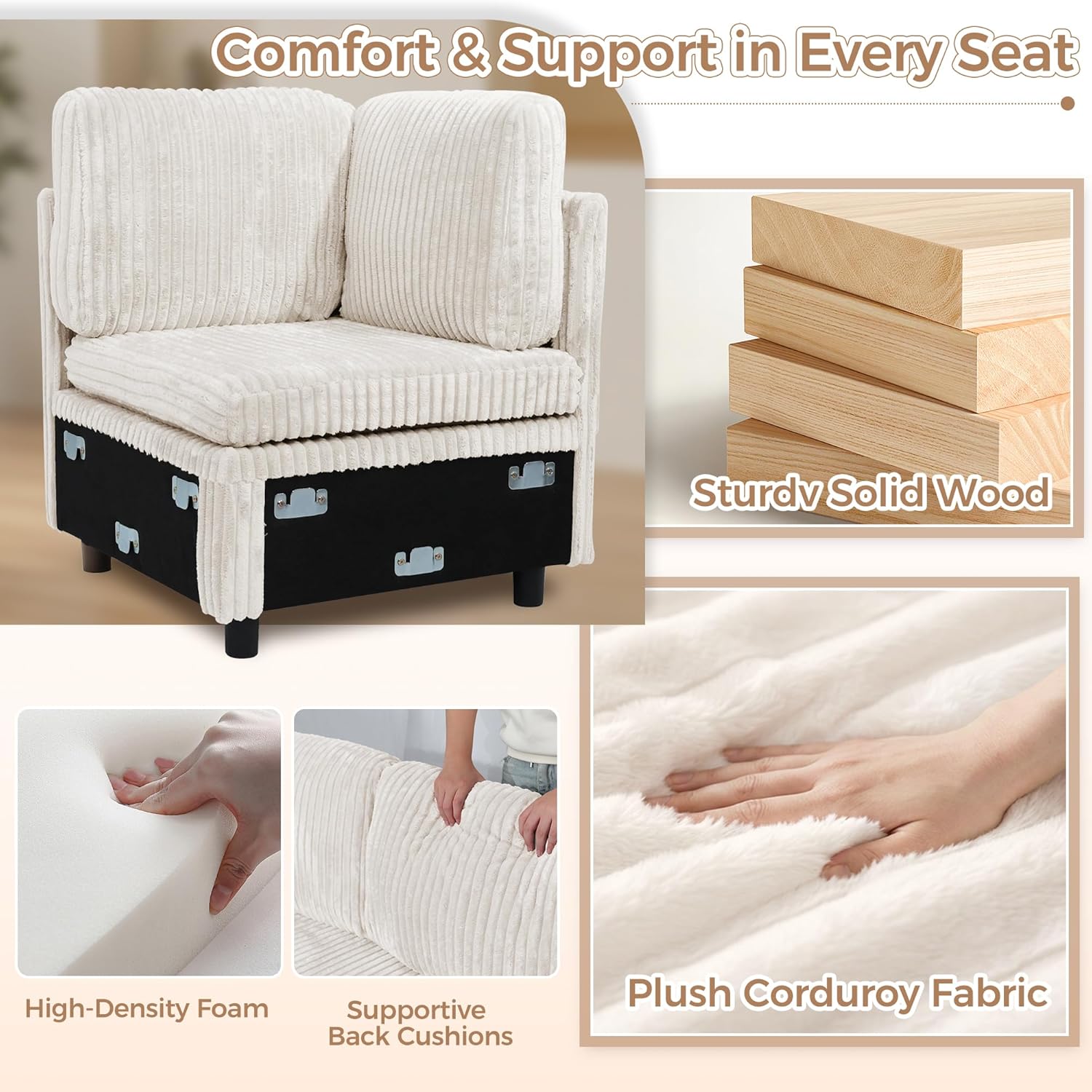 Sectional Sleeper Sofa with Pull Out Bed, 7 Seats U Shaped Sleeper Sofa with Storage Chaise, USB Ports, Cup Holders, Plush Corduroy Sectional Couch for Living Room, Beige