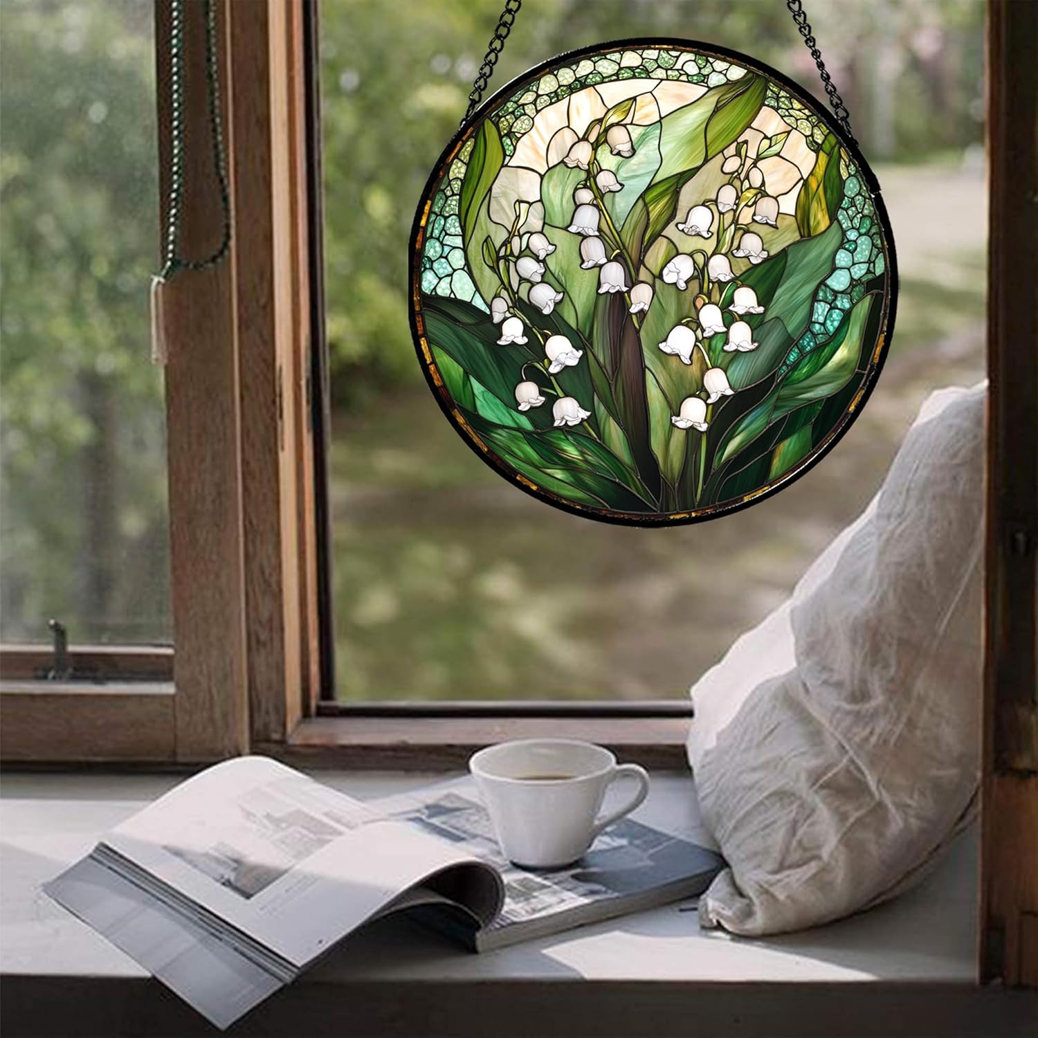 Stained Glass Window Hanging - Elegant Lily of The Valley Suncatcher for Door Garden Yard Flower Sun Catchers Decor Christmas Mother's Day Birthday Gifts for Women Mom Nana Friend 15 in