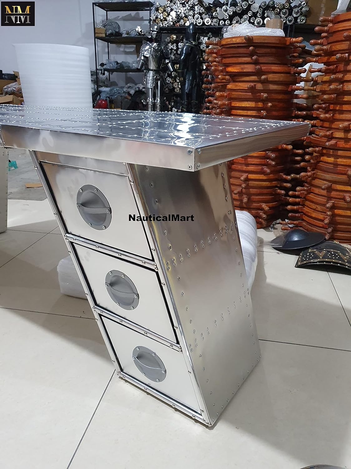 Nautical-Mart Aviator Wing Desk Aluminium Table Aviator Home Office Furniture (60 Inches, Three Drawer)