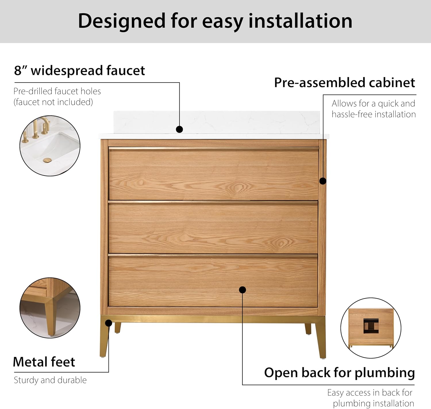WELLFOR 36" Bathroom Vanity with Sink, Freestanding Wooden Bathroom Vanity with 3 Soft-Close Drawers and Backsplash, Solid Wood Frame Bathroom Vanity, Light Oak
